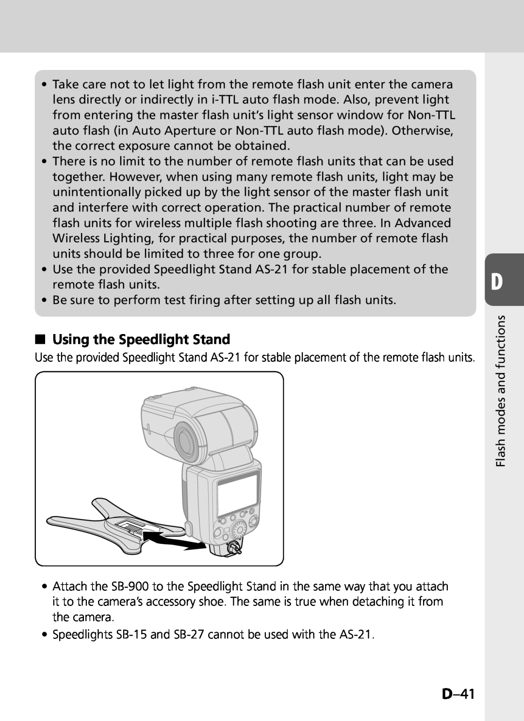 Univex SB-900 user manual D–41, Using the Speedlight Stand 