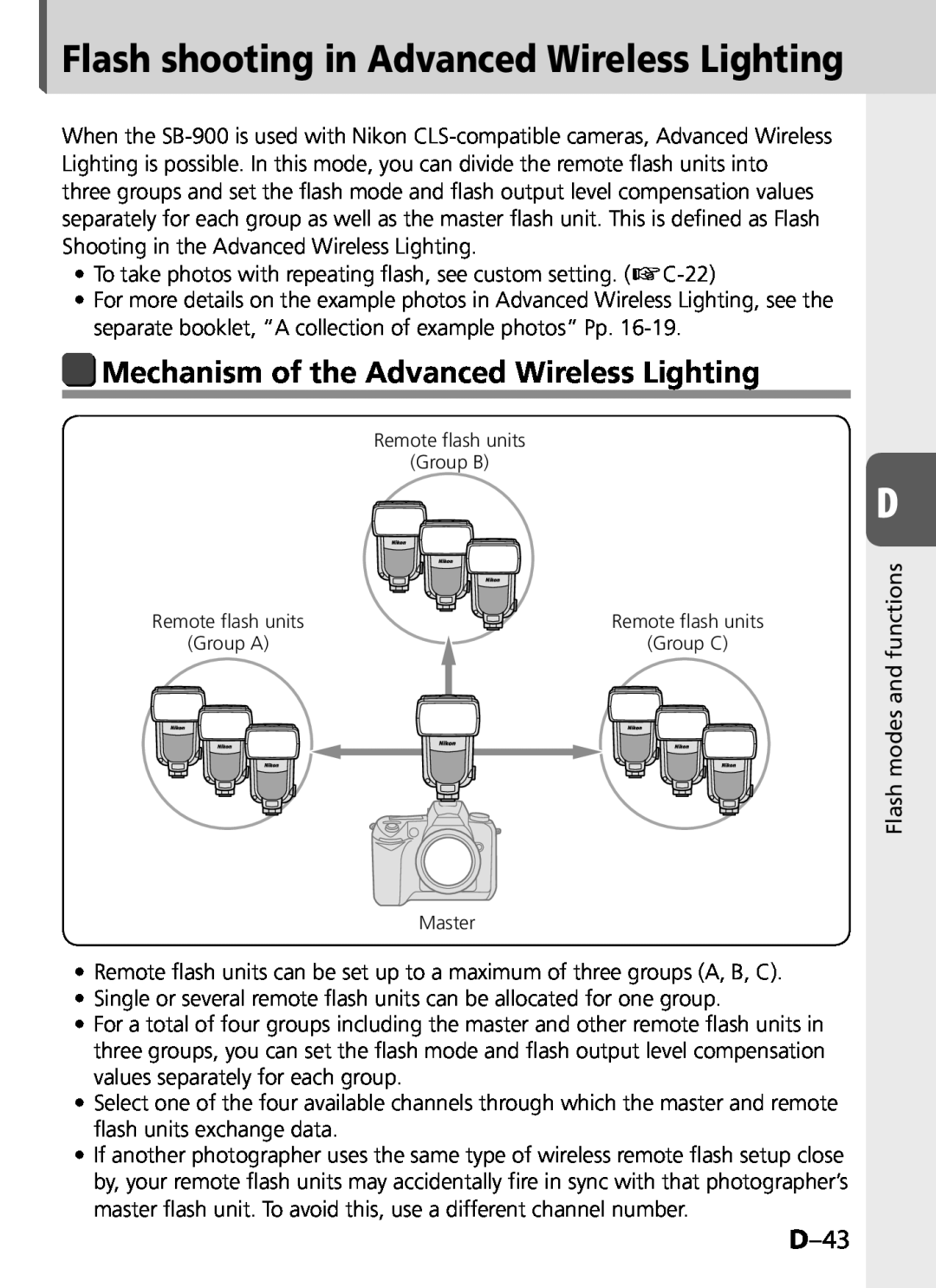 Univex SB-900 user manual Flash shooting in Advanced Wireless Lighting, Mechanism of the Advanced Wireless Lighting, D–43 