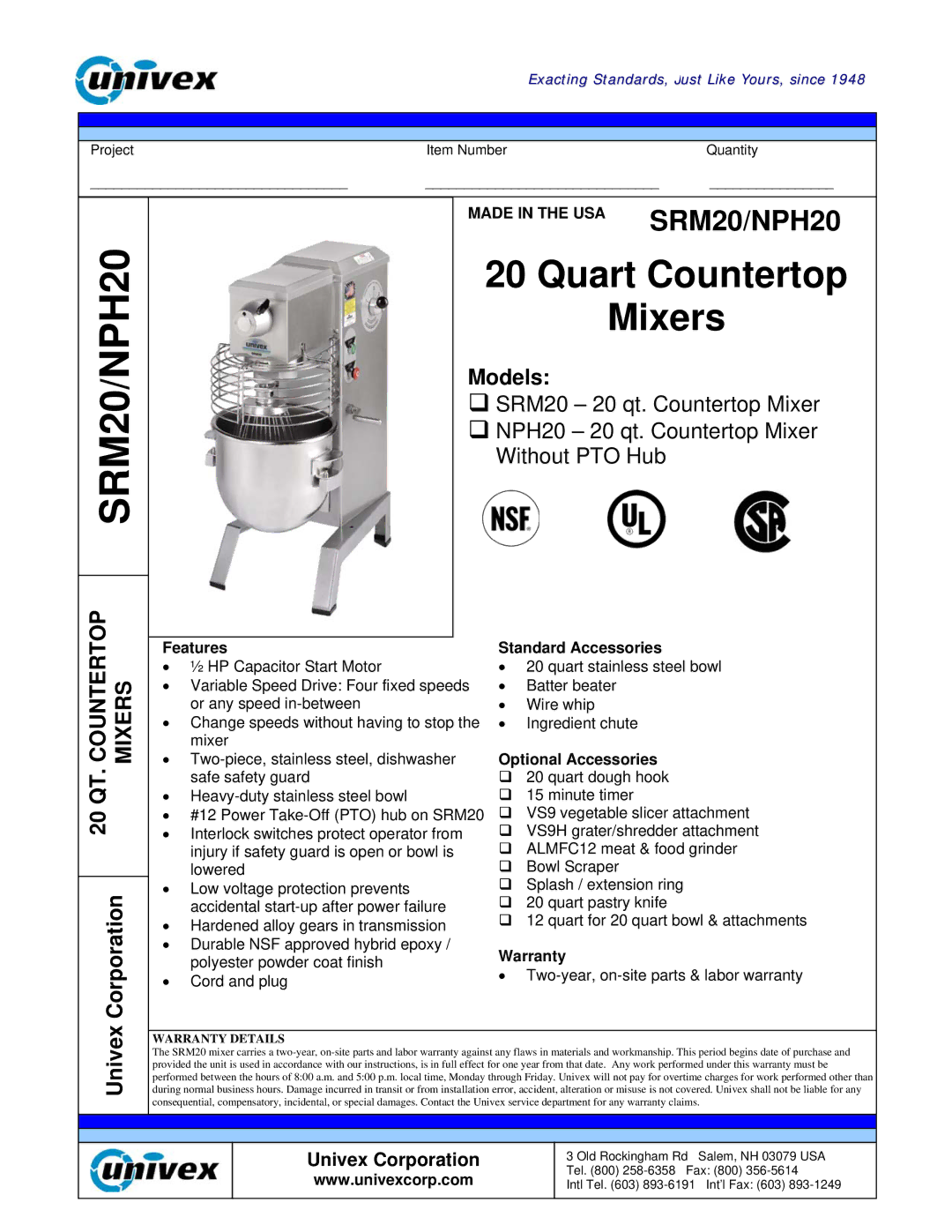 Univex SRM20 manual Models, QT Corporation, Univex 