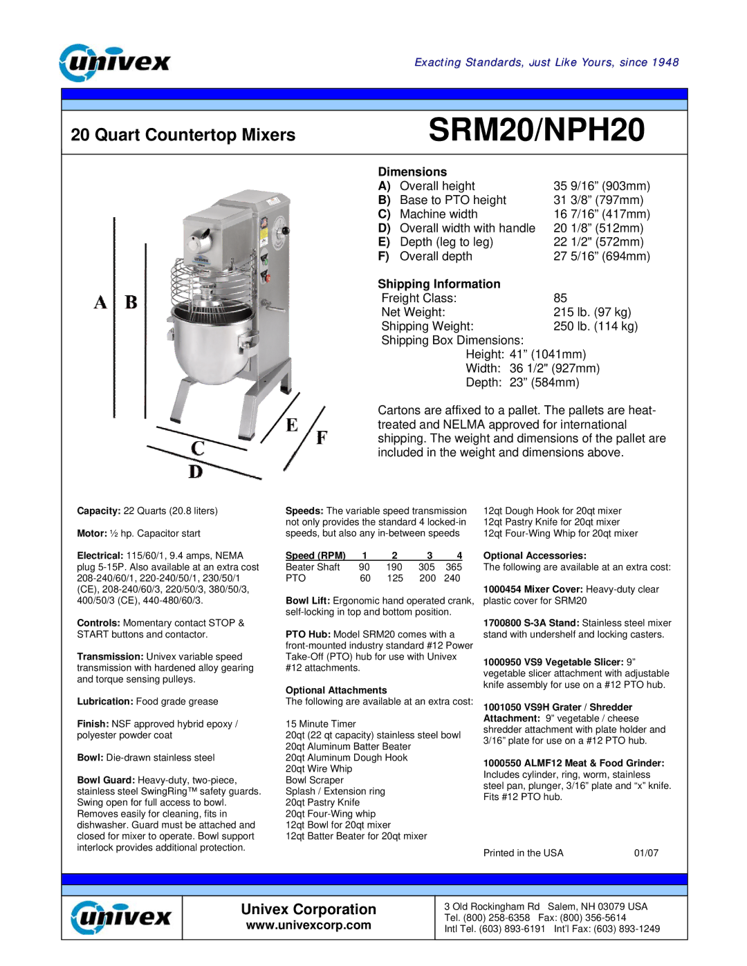 Univex SRM20 manual Quart Countertop Mixers, Dimensions, Shipping Information 