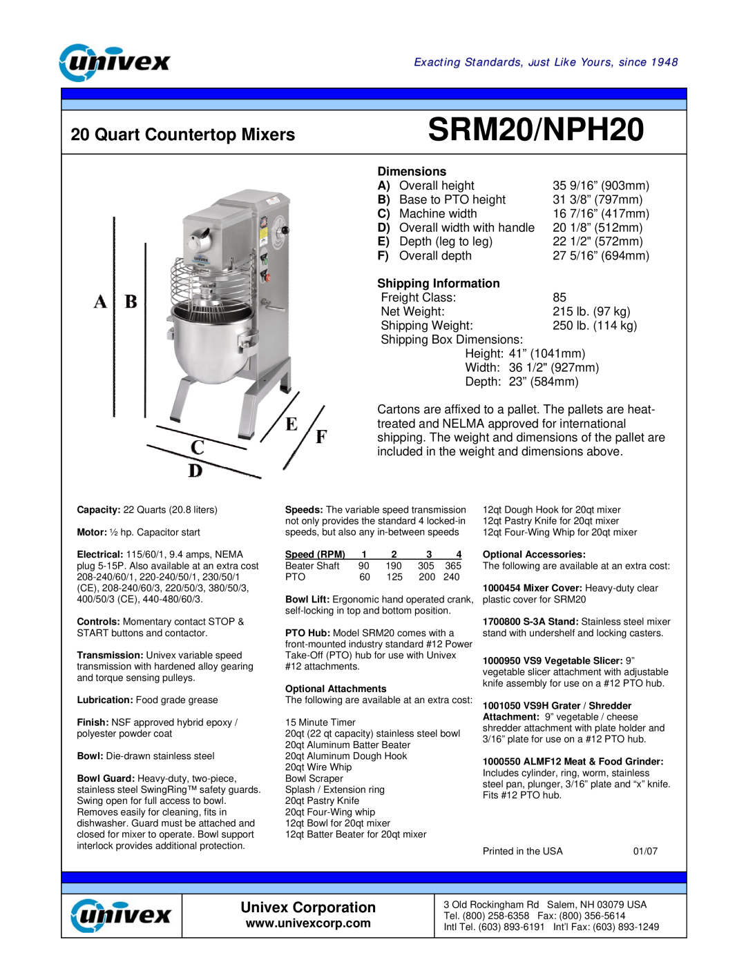 Univex manual Quart Countertop Mixers, Dimensions, Shipping Information, SRM20/NPH20, Univex Corporation 