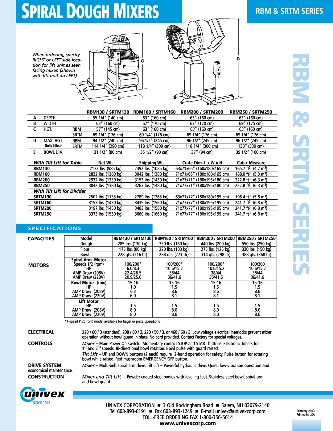 Univex SRTM, RBM Spiral Dough Mixers, Rbm & Srtm Series, S P E C I F I C At I O N S, Capacities Motors, Electrical 