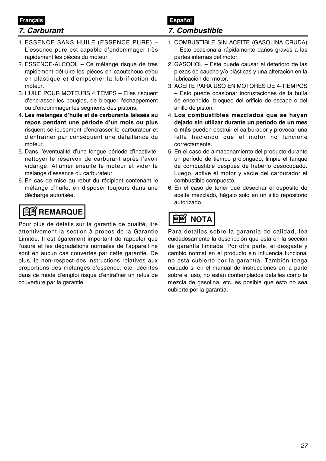 Univex SRTZ2401-CA manual Combustible SIN Aceite Gasolina Cruda 