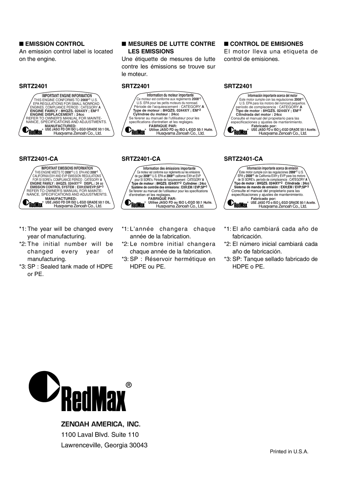 Univex manual Emission Control, Mesures DE Lutte Contre LES Emissions, Control DE Emisiones, SRTZ2401-CA 