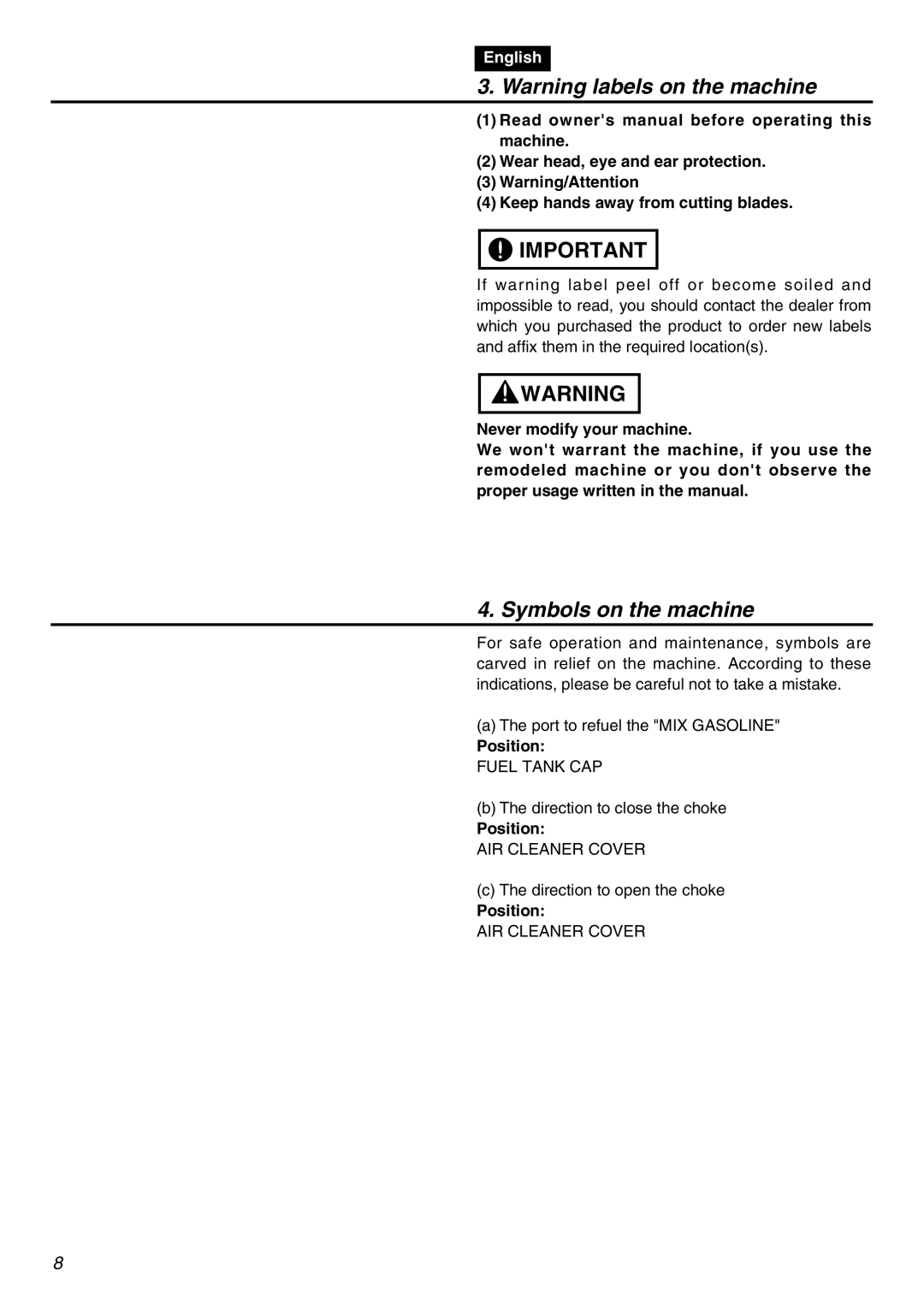 Univex SRTZ2401-CA manual Symbols on the machine, Position 