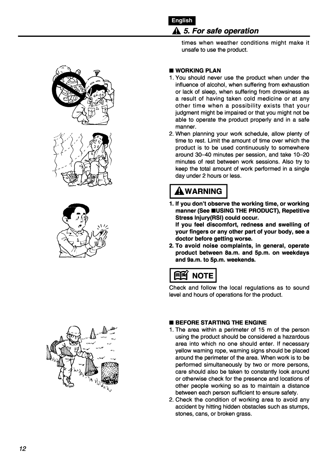 Univex SRTZ2401 manual For safe operation, English, Working Plan, Stress InjuryRSI could occur, Before Starting The Engine 