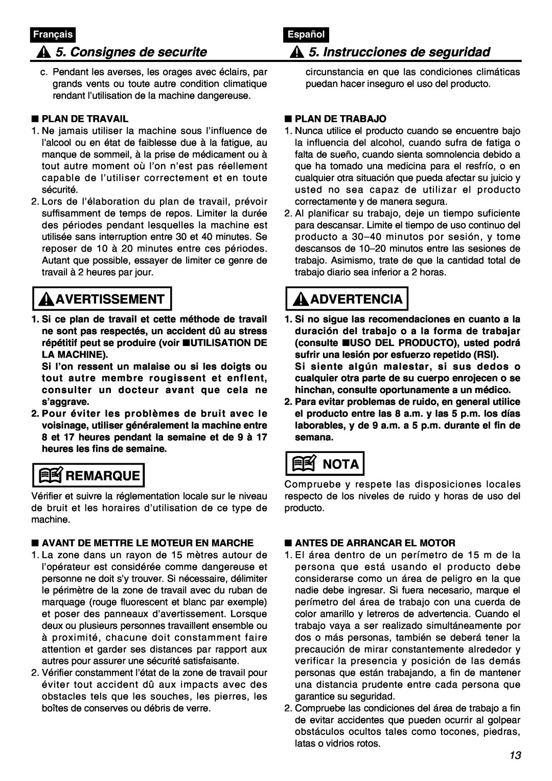 Univex SRTZ2401-CA Consignes de securite, Instrucciones de seguridad, Avertissement, Remarque, Advertencia, Nota, Français 