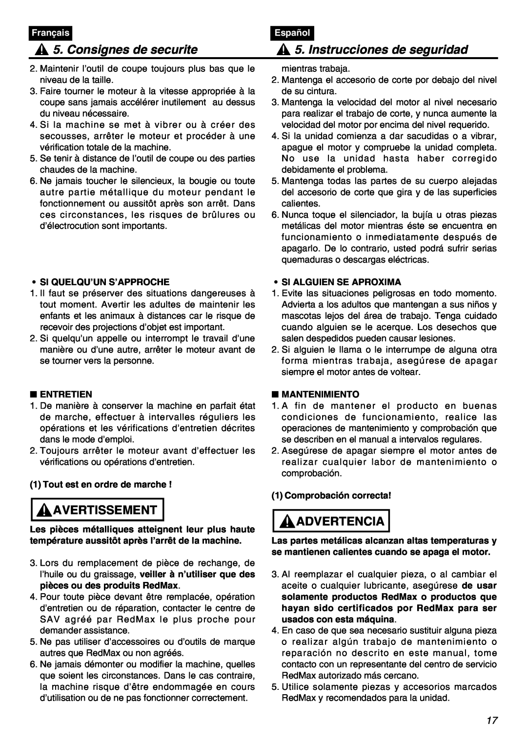 Univex SRTZ2401-CA manual Consignes de securite, Instrucciones de seguridad, Avertissement, Advertencia, Français, Español 