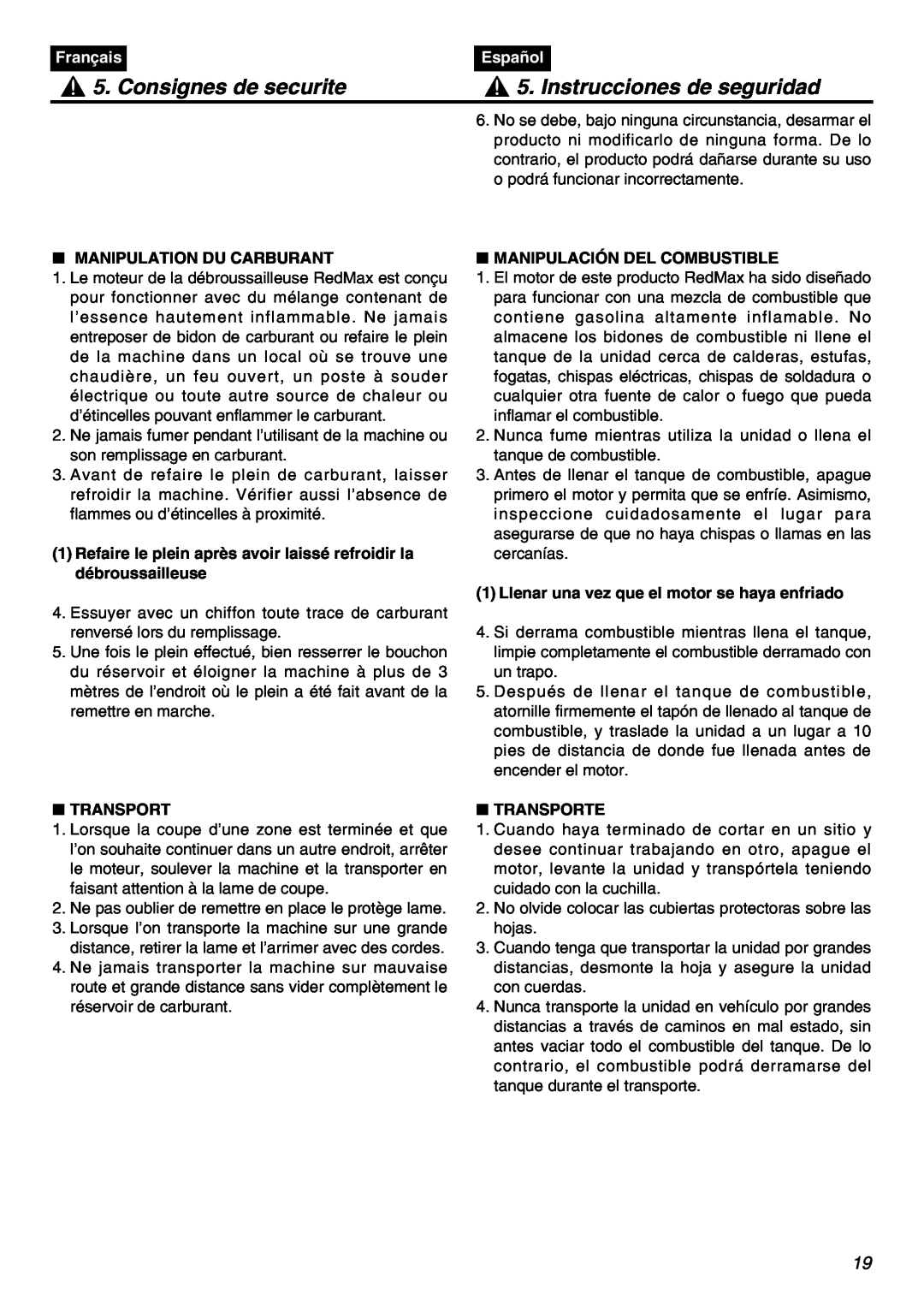 Univex SRTZ2401-CA manual Consignes de securite, Instrucciones de seguridad, Français, Español, Manipulation Du Carburant 