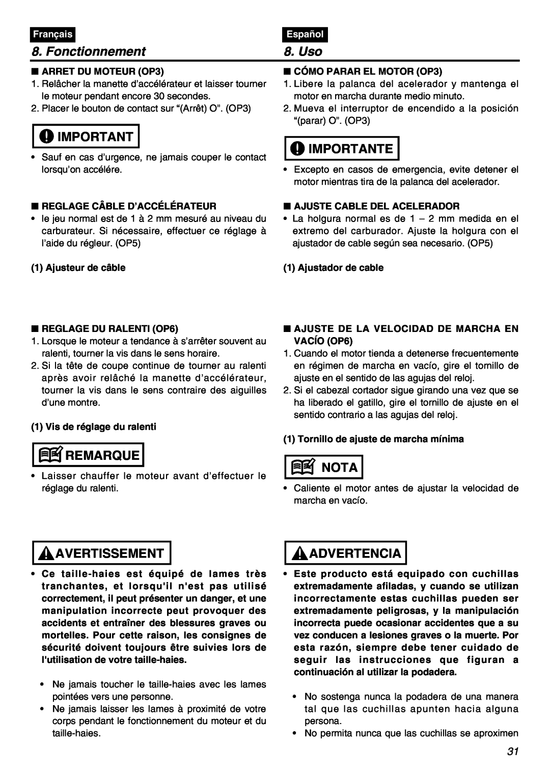 Univex SRTZ2401-CA manual Fonctionnement, Uso, Importante, Remarque, Avertissement, Nota, Advertencia, Français, Español 