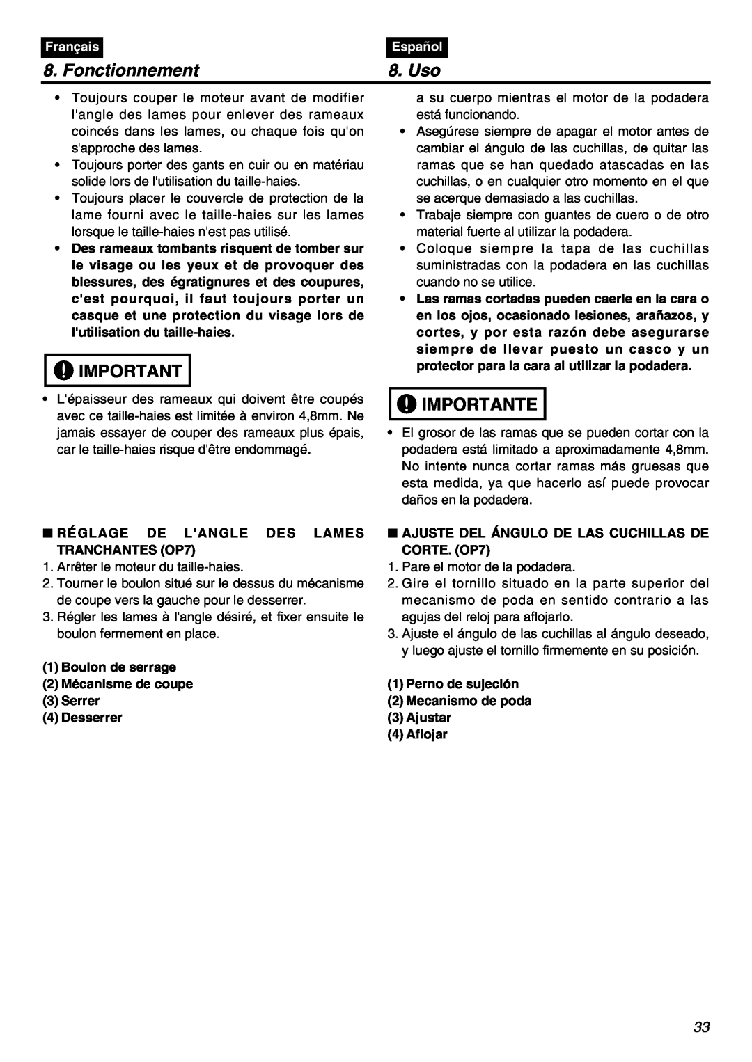 Univex SRTZ2401-CA manual Fonctionnement, Uso, Importante, Français, Español 