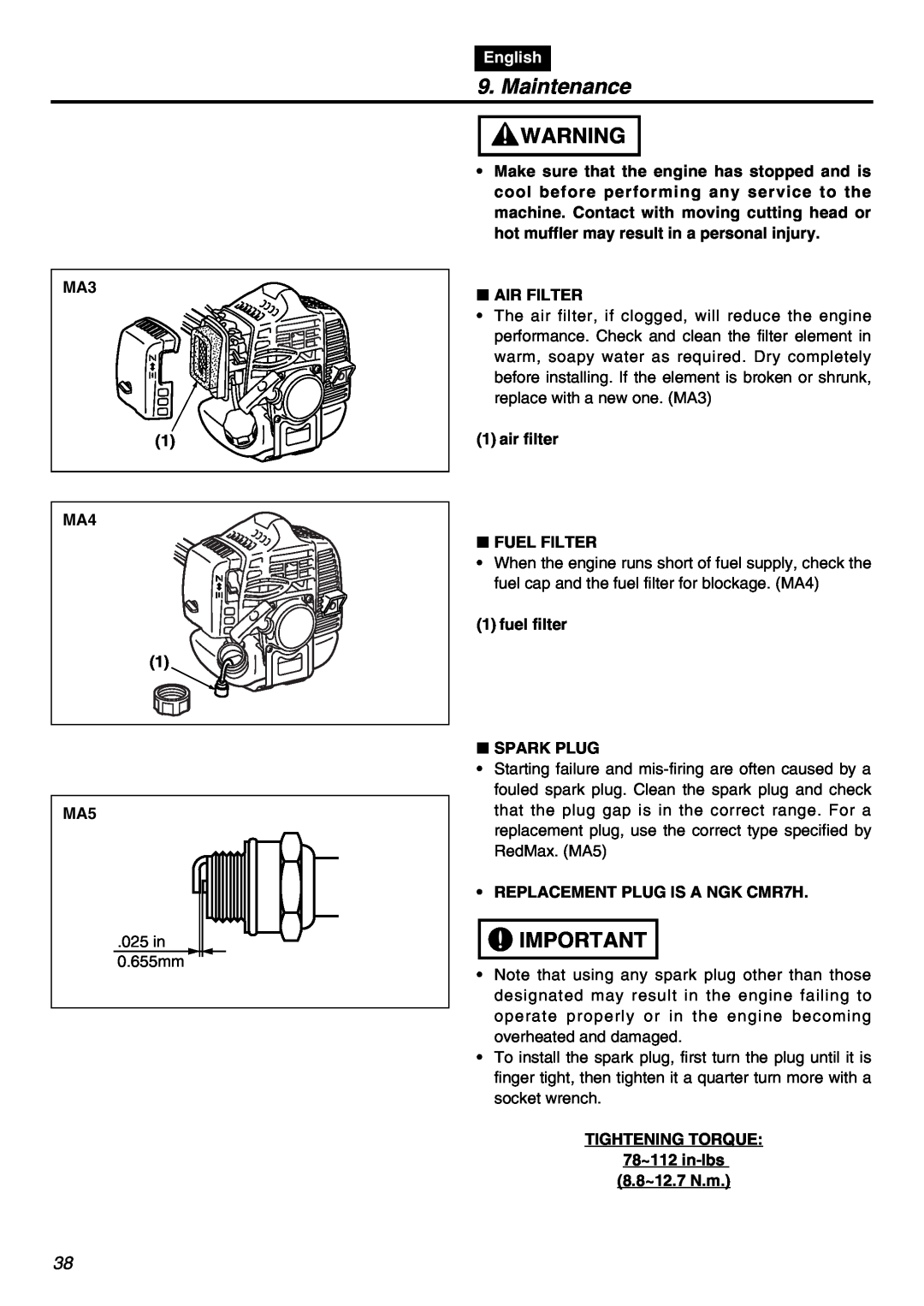 Univex SRTZ2401 manual Maintenance, MA3 1 MA4 1 MA5, English, Air Filter, air filter FUEL FILTER, fuel filter SPARK PLUG 