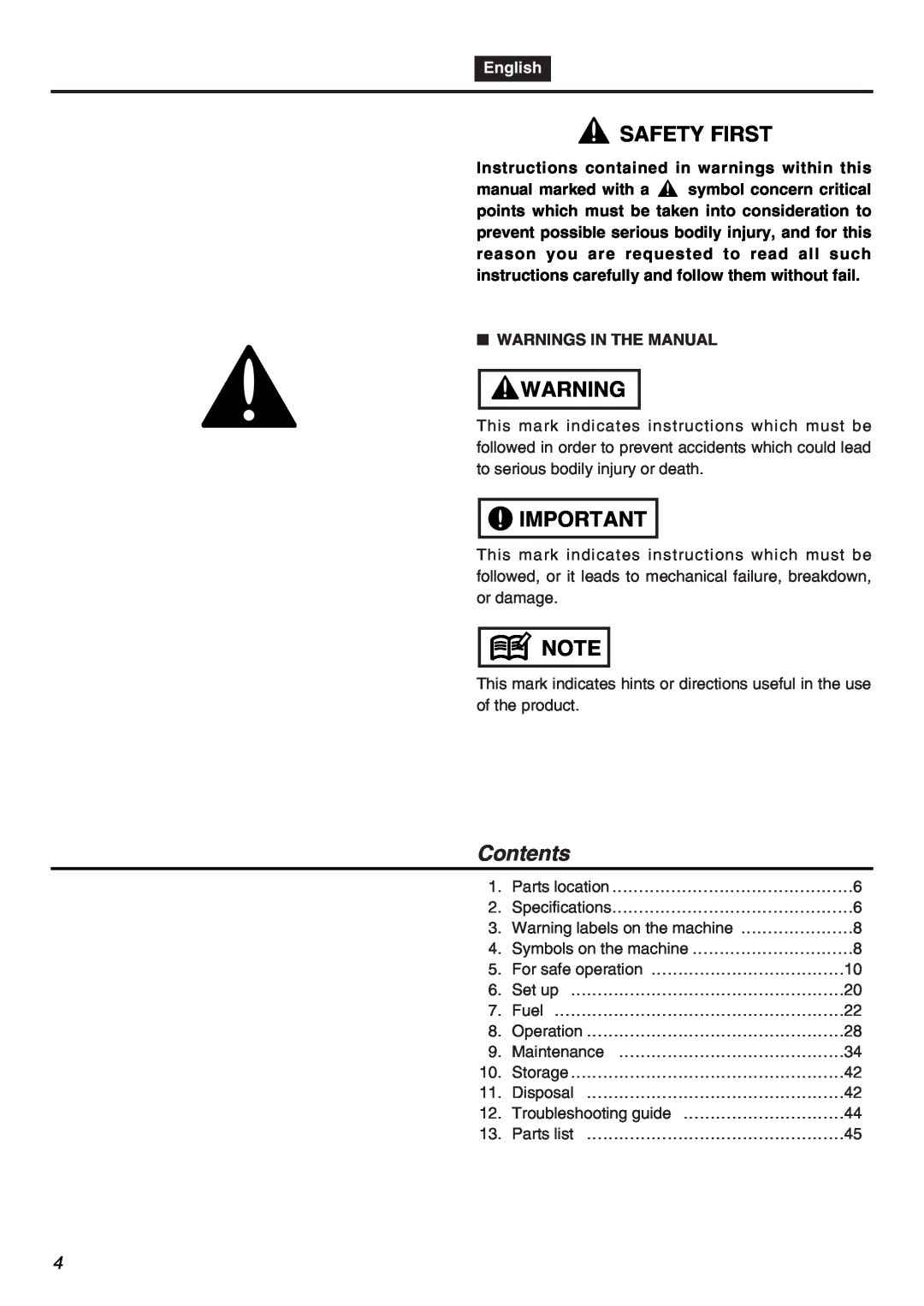 Univex SRTZ2401-CA manual Safety First, Contents, English 