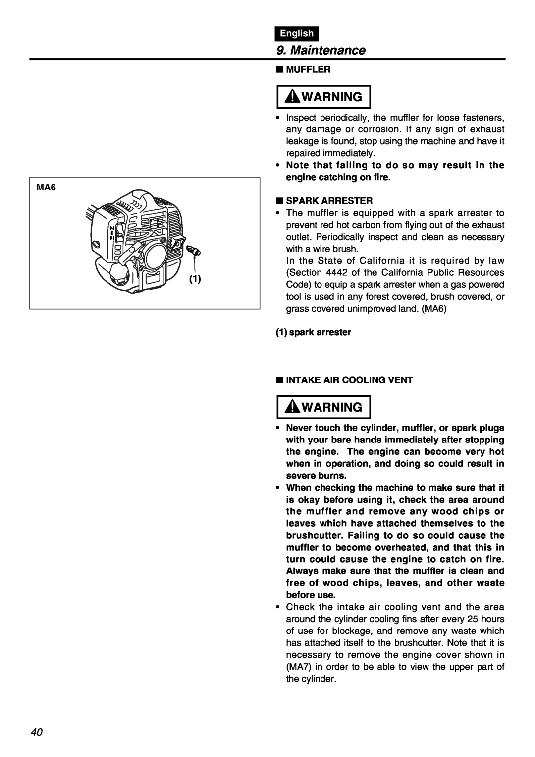 Univex SRTZ2401-CA manual Maintenance, English, Muffler 
