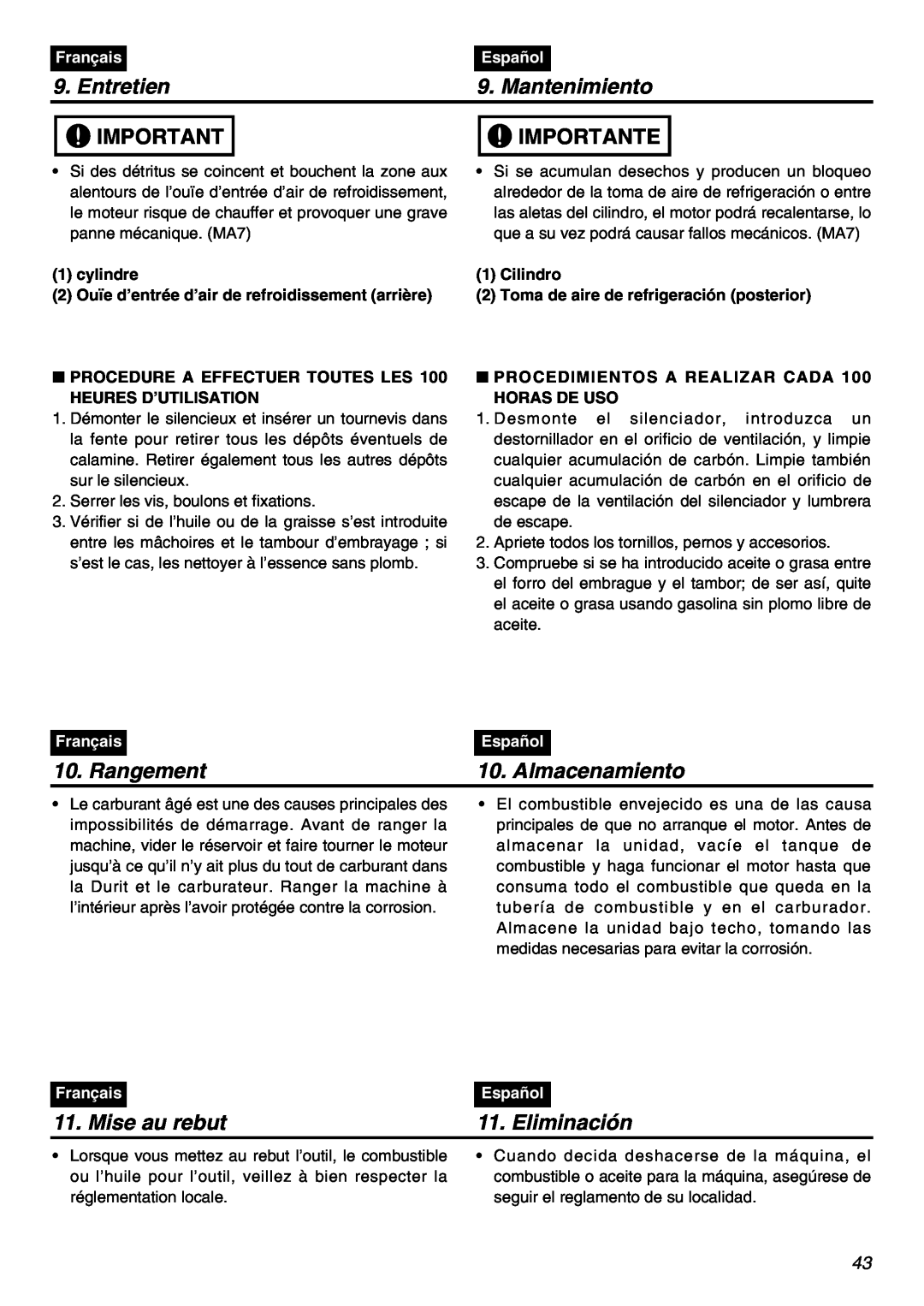 Univex SRTZ2401-CA Rangement, Almacenamiento, Mise au rebut, Eliminación, Entretien, Mantenimiento, Importante, Français 
