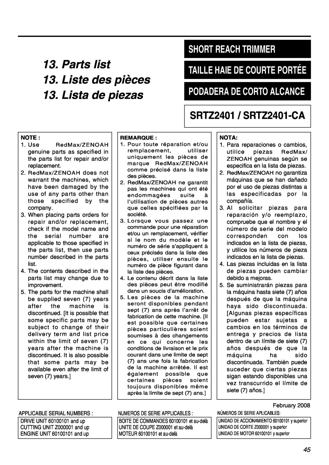 Univex manual Parts list 13. Liste des pièces, Taille Haie De Courte Portée, Lista de piezas, SRTZ2401 / SRTZ2401-CA 