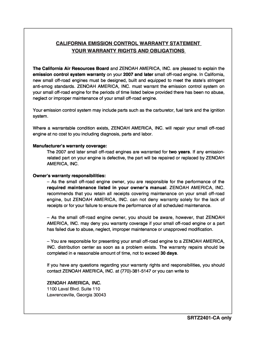 Univex manual California Emission Control Warranty Statement, Your Warranty Rights And Obligations, SRTZ2401-CAonly 