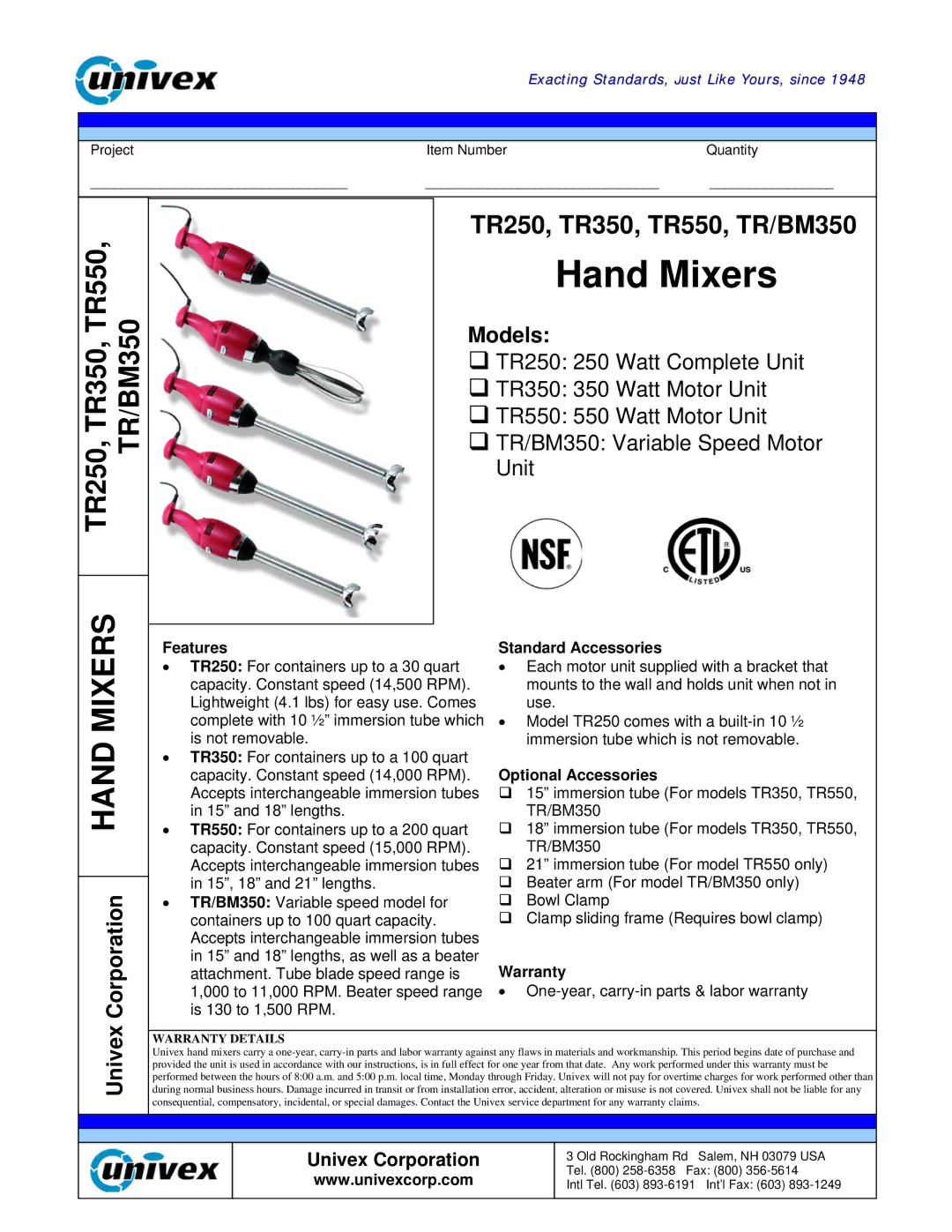 Univex TR350, TR550, TR/BM350 warranty Models, Corporation, Univex 