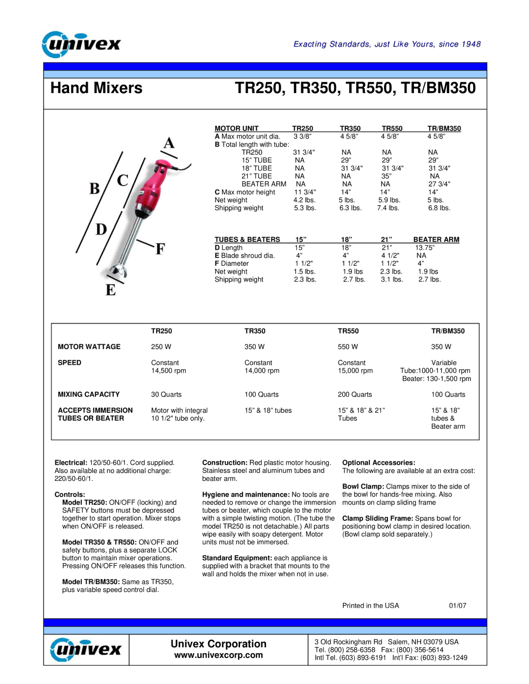 Univex TR/BM350, TR550 Motor Unit, Tubes & Beaters Beater ARM, Motor Wattage, Speed, Mixing Capacity, Accepts Immersion 