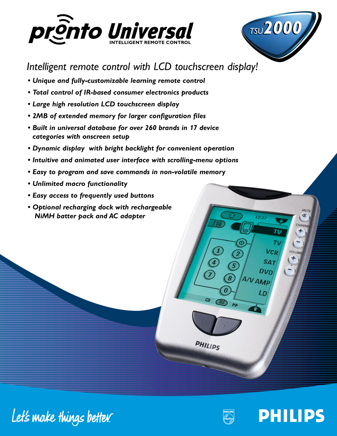 Univex TSU 2000 manual TSU2000, Intelligent remote control with LCD touchscreen display 