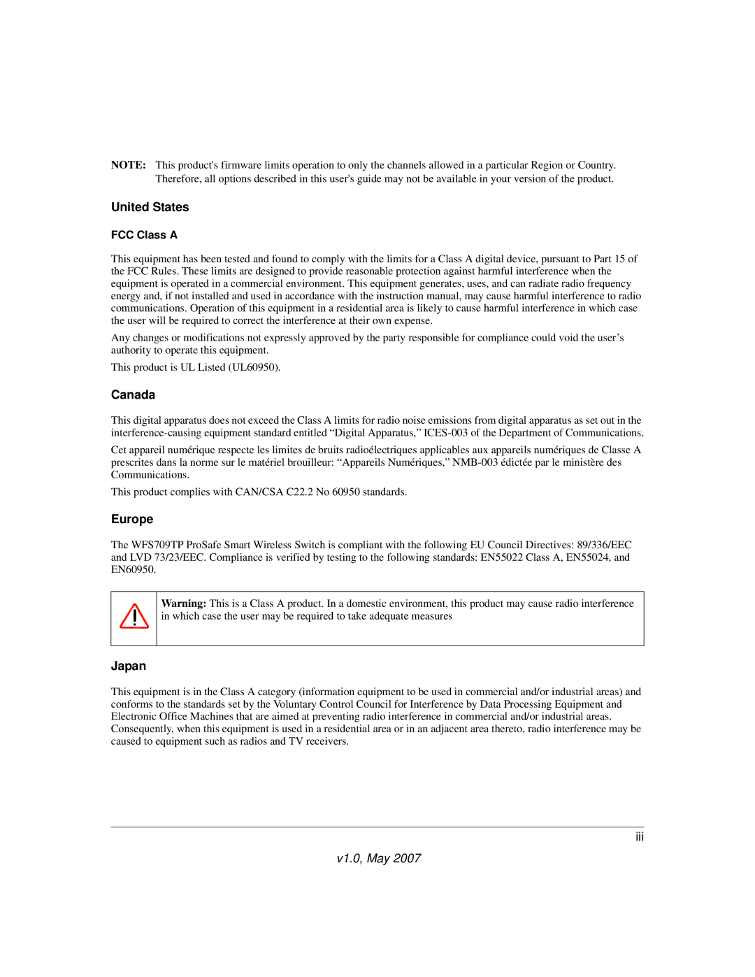 Univex WFS709TP manual United States, Canada, Europe, Japan 