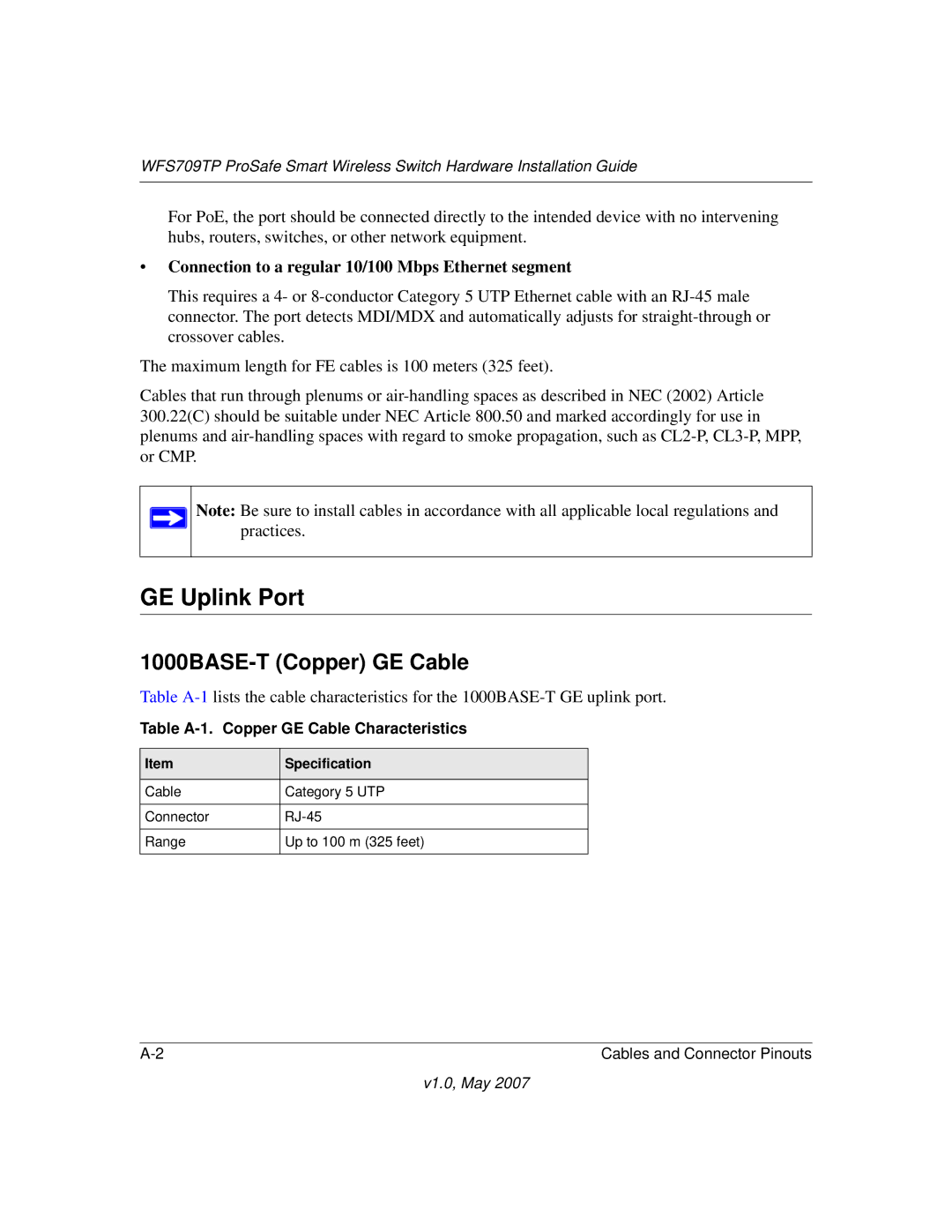 Univex WFS709TP manual GE Uplink Port, 1000BASE-T Copper GE Cable, Table A-1. Copper GE Cable Characteristics 