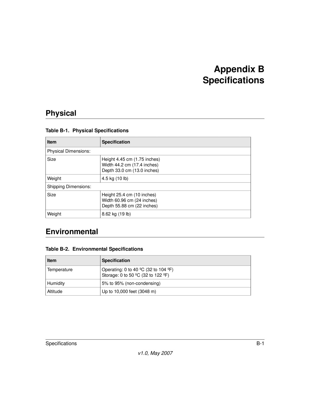 Univex WFS709TP manual Appendix B Specifications, Environmental, Table B-1. Physical Specifications 