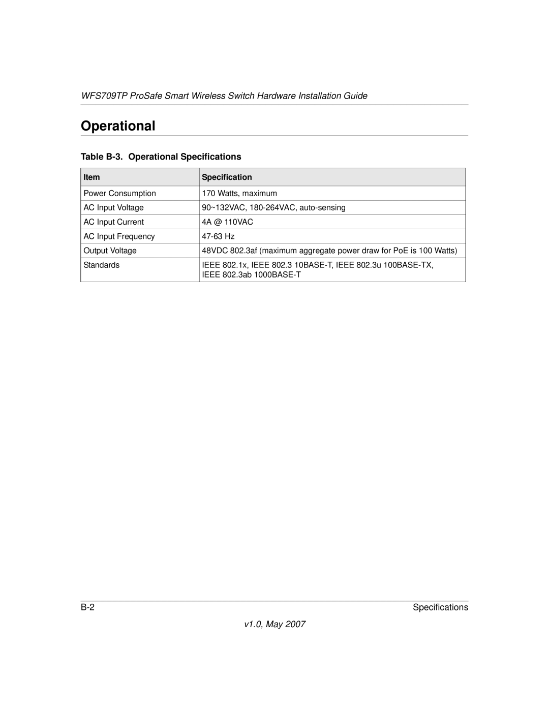 Univex WFS709TP manual Table B-3. Operational Specifications 