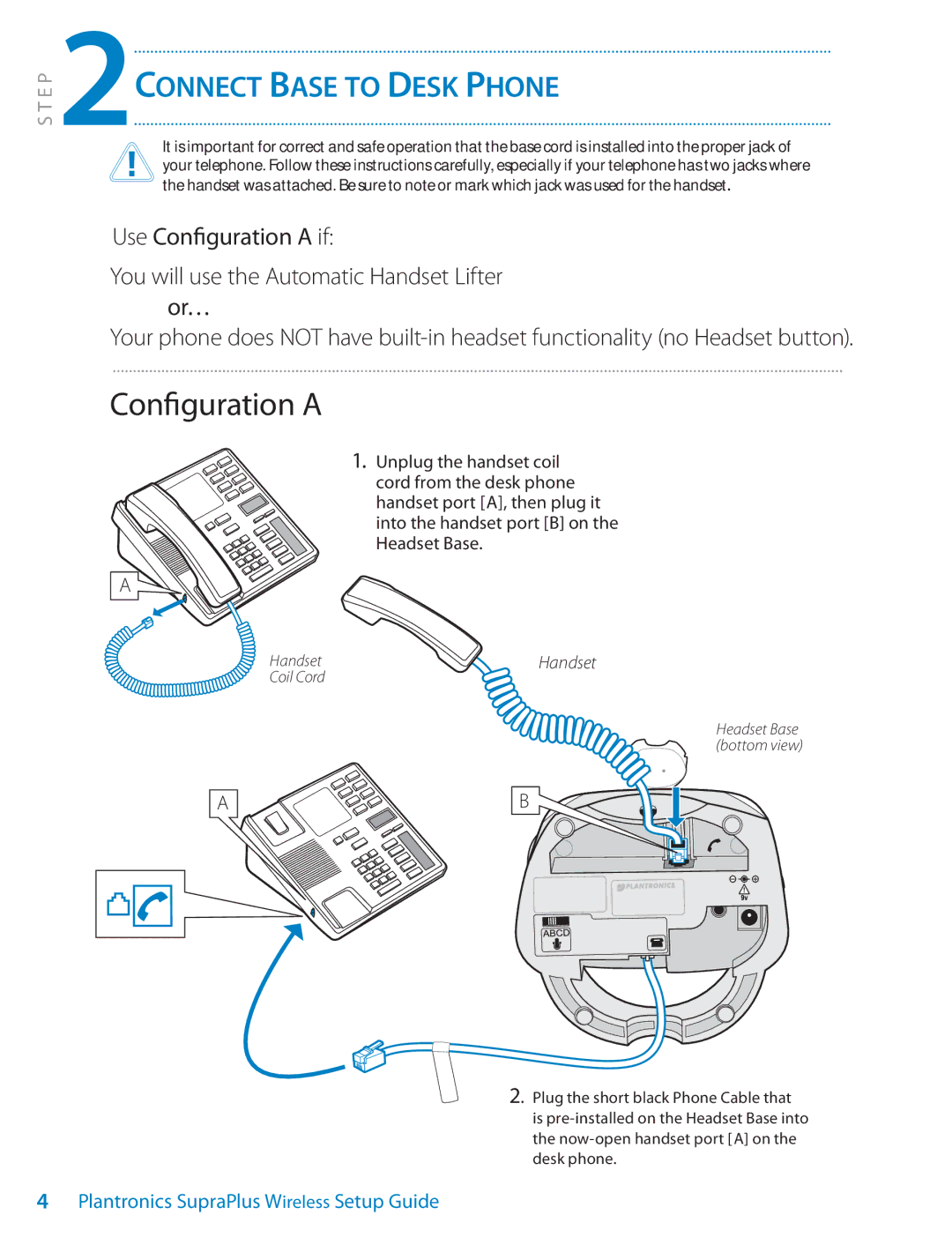 Univex Wireless Headset System setup guide Configuration a, 2CONNECT Base to Desk Phone 