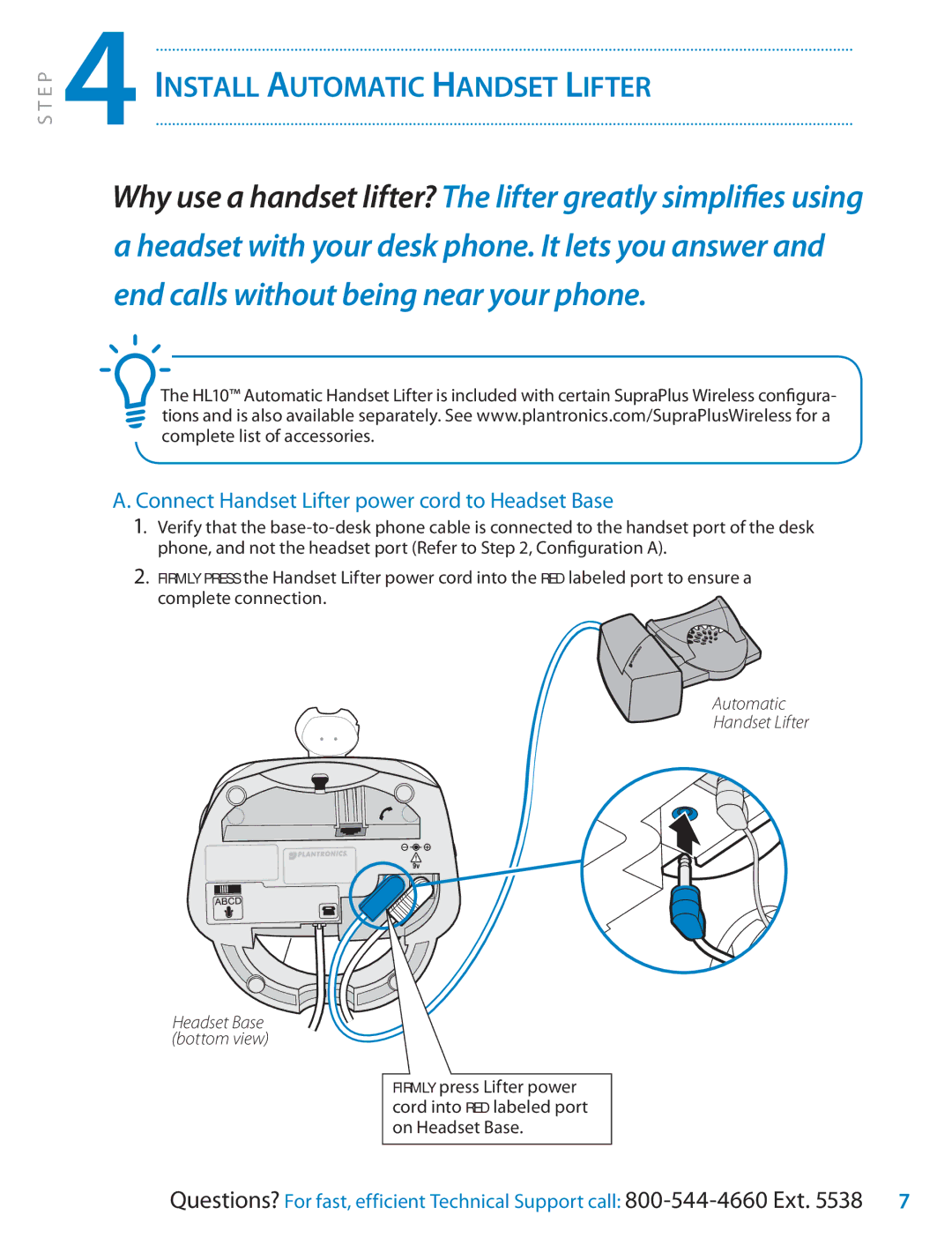 Univex Wireless Headset System Install Automatic Handset Lifter, Connect Handset Lifter power cord to Headset Base 