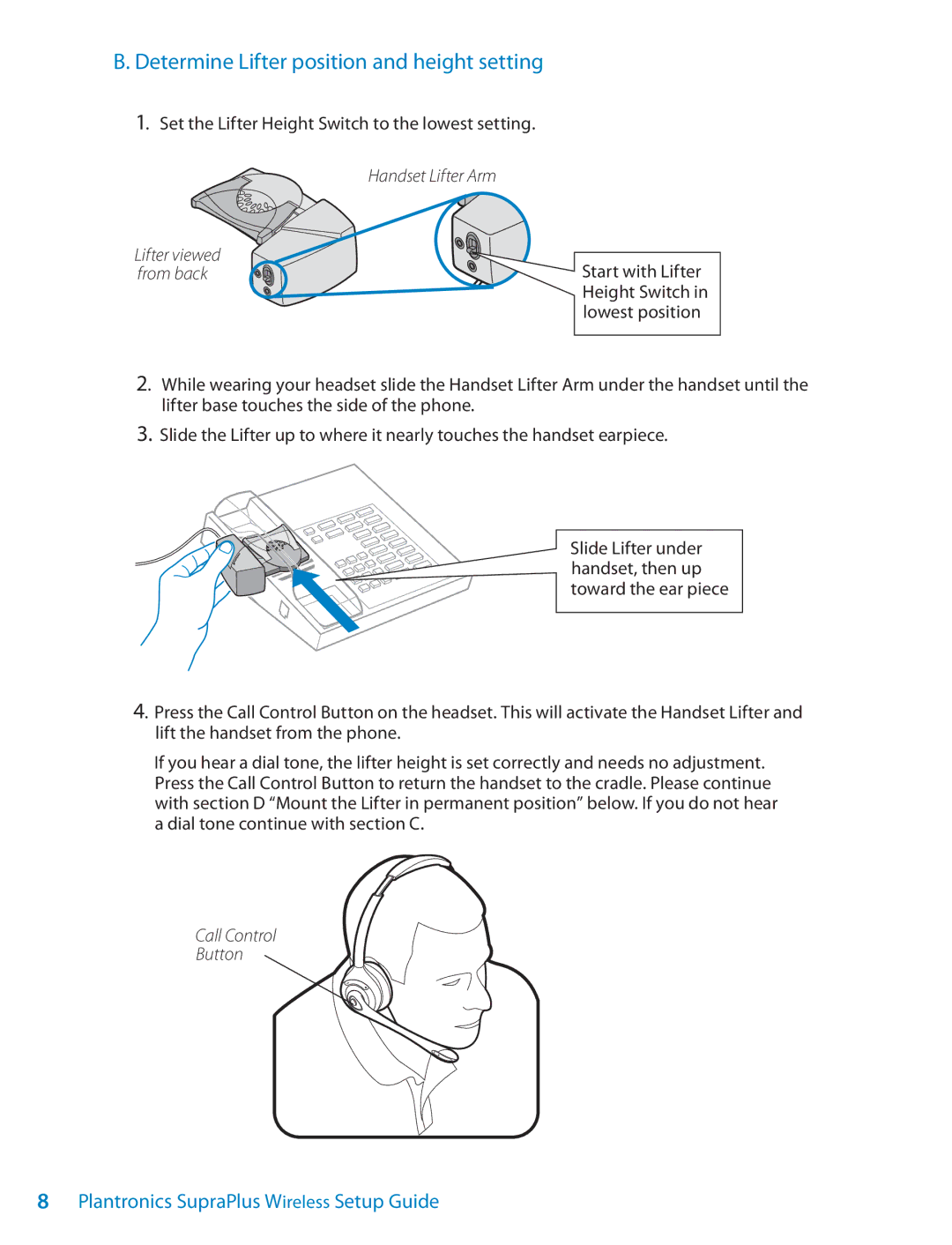 Univex Wireless Headset System Determine Lifter position and height setting, Handset Lifter Arm, Call Control Button 