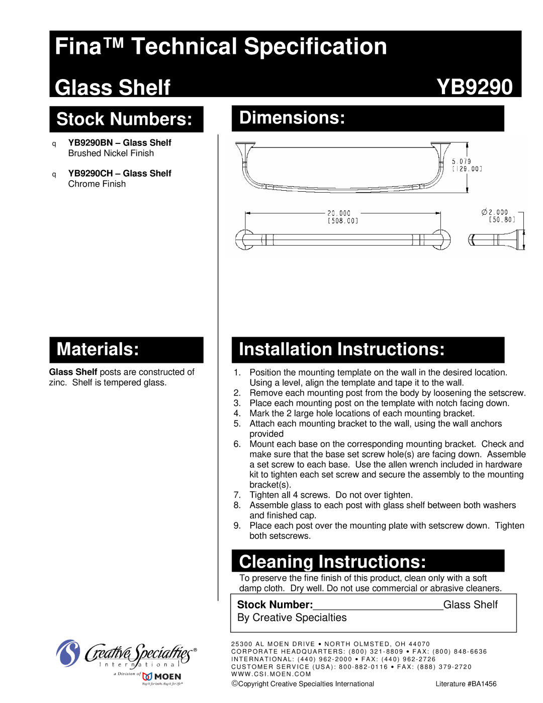 Univex dimensions Fina Technical Specification, Glass Shelf YB9290 