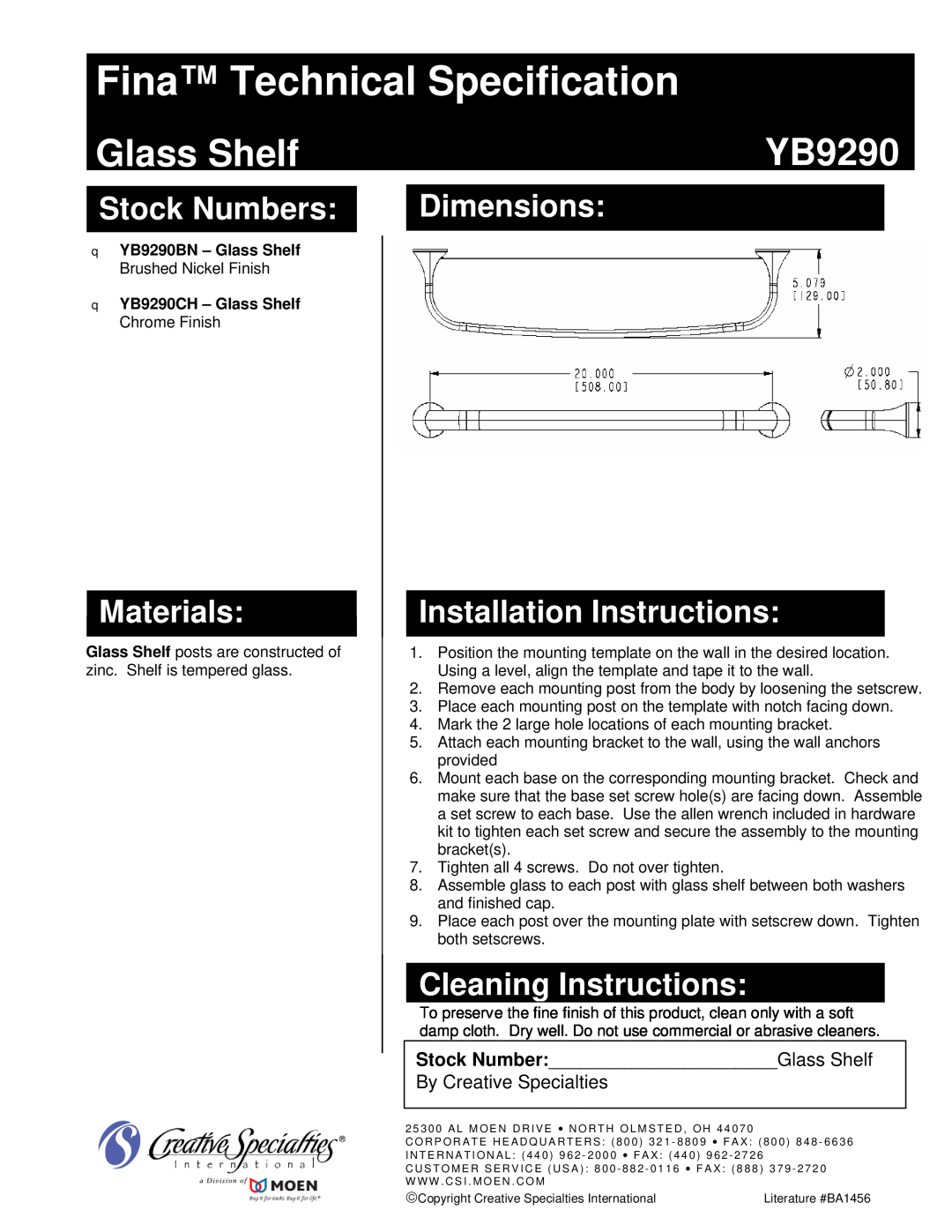 Univex YB9290 dimensions Fina Technical Specification, Glass Shelf, Stock Numbers, Materials, Cleaning Instructions 