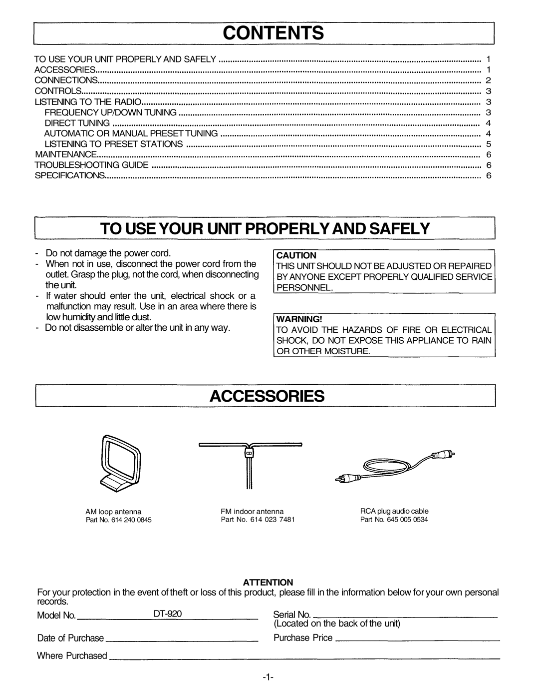 Unwind DT-920 manual Contents 