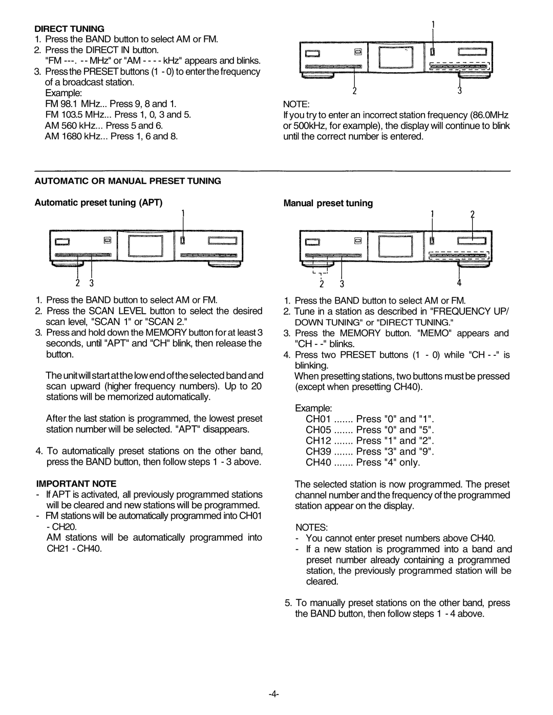 Unwind DT-920 manual Automatic preset tuning APT, Direct Tuning, Automatic or Manual Preset Tuning, Important Note 