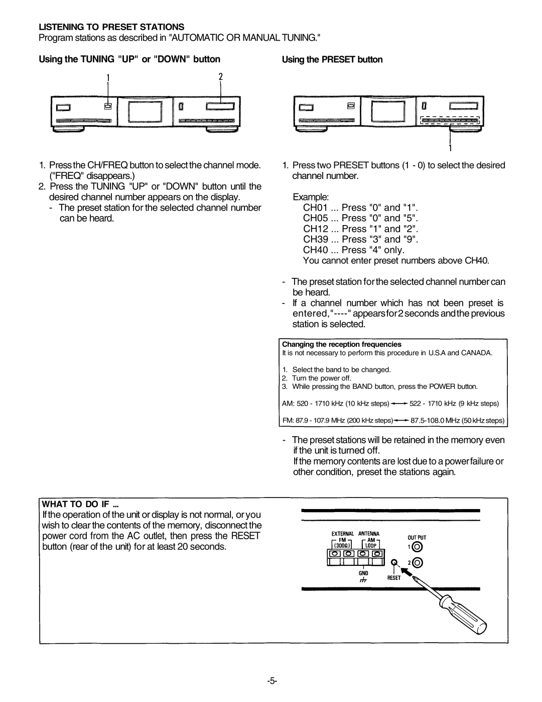 Unwind DT-920 manual Power cord from the AC outlet, then press the Reset, Using the Tuning UP or Down button, What to do if 