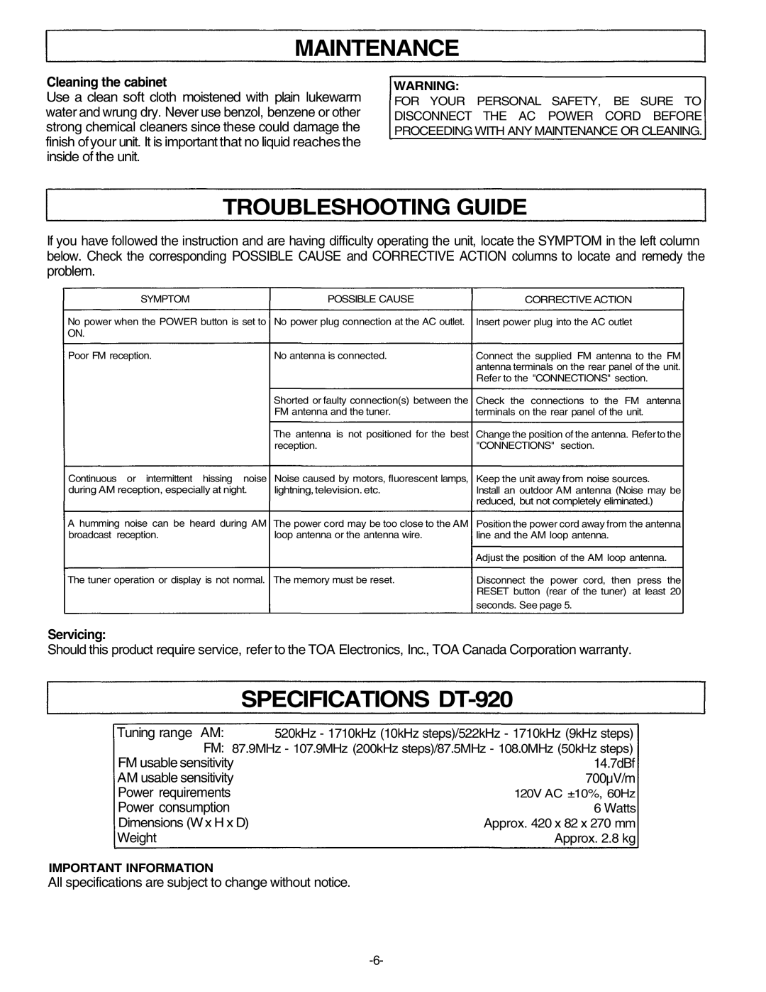 Unwind manual Maintenance, Troubleshooting Guide, Specifications DT-920, Problem, Power consumption 