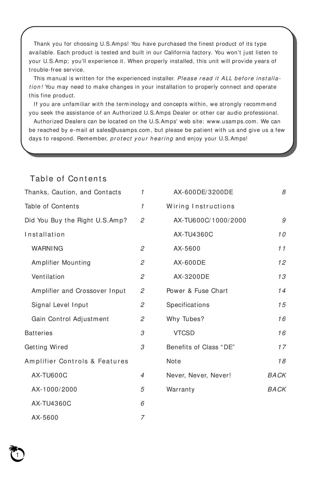 US Amps AX owner manual Table of Contents 