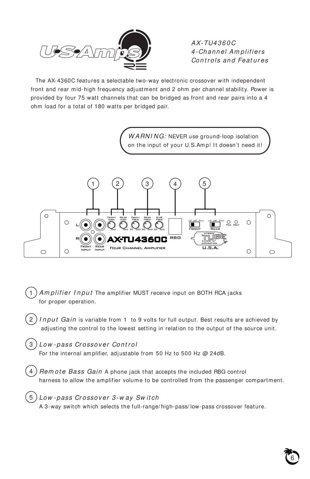 US Amps owner manual TU 4360C RBG, AX-TU4360C Channel Amplifiers Controls and Features 