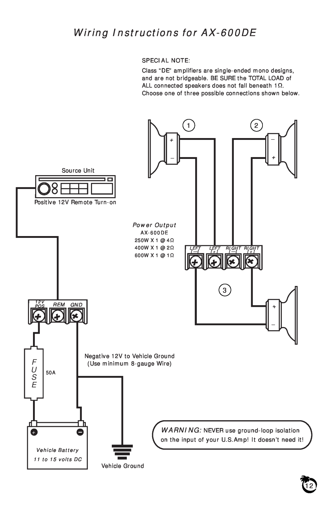 US Amps owner manual Wiring Instructions for AX-600DE, Special Note 