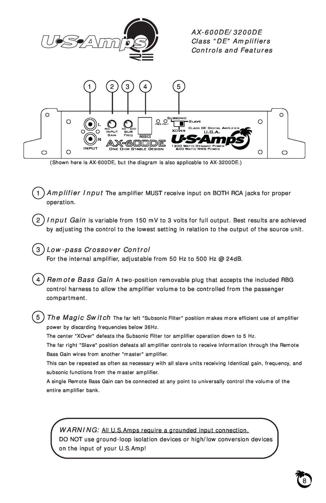 US Amps owner manual AX-600DE/3200DE, Low-pass Crossover Control, Class “DE” Amplifiers, Controls and Features 