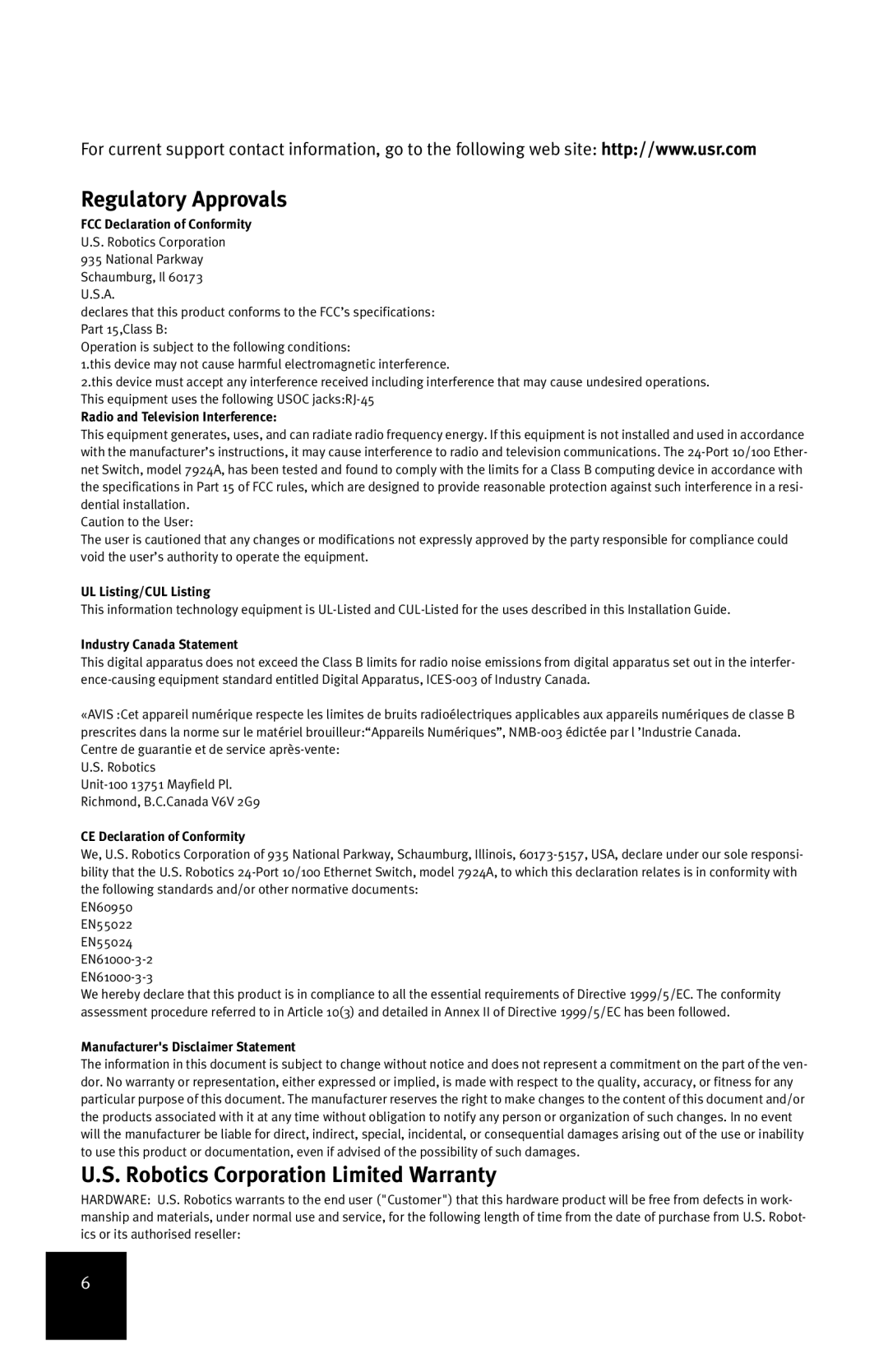 USRobotics 24-Port 10/100 manual Regulatory Approvals, Robotics Corporation Limited Warranty 