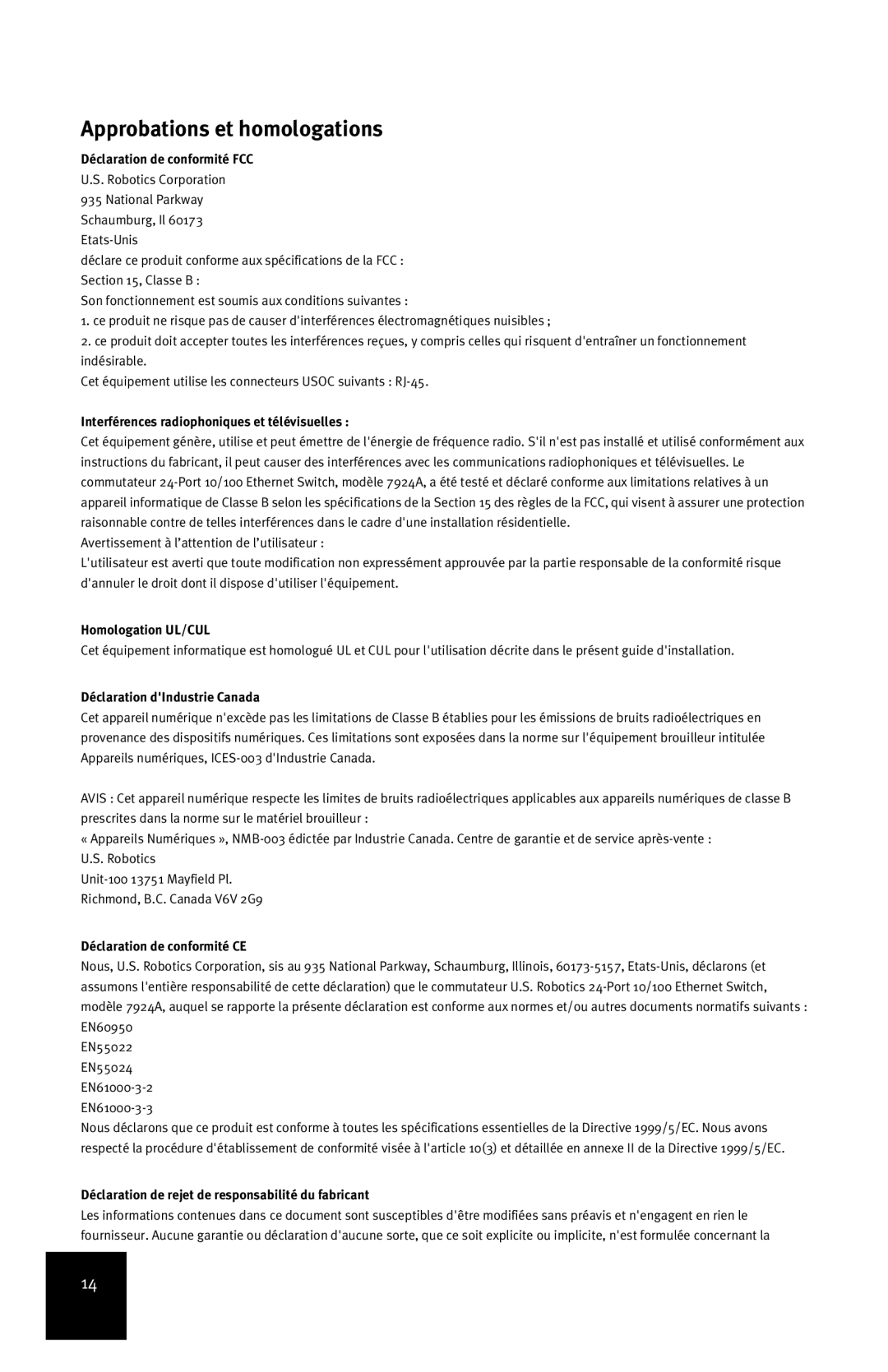 USRobotics 24-Port 10/100 manual Approbations et homologations 