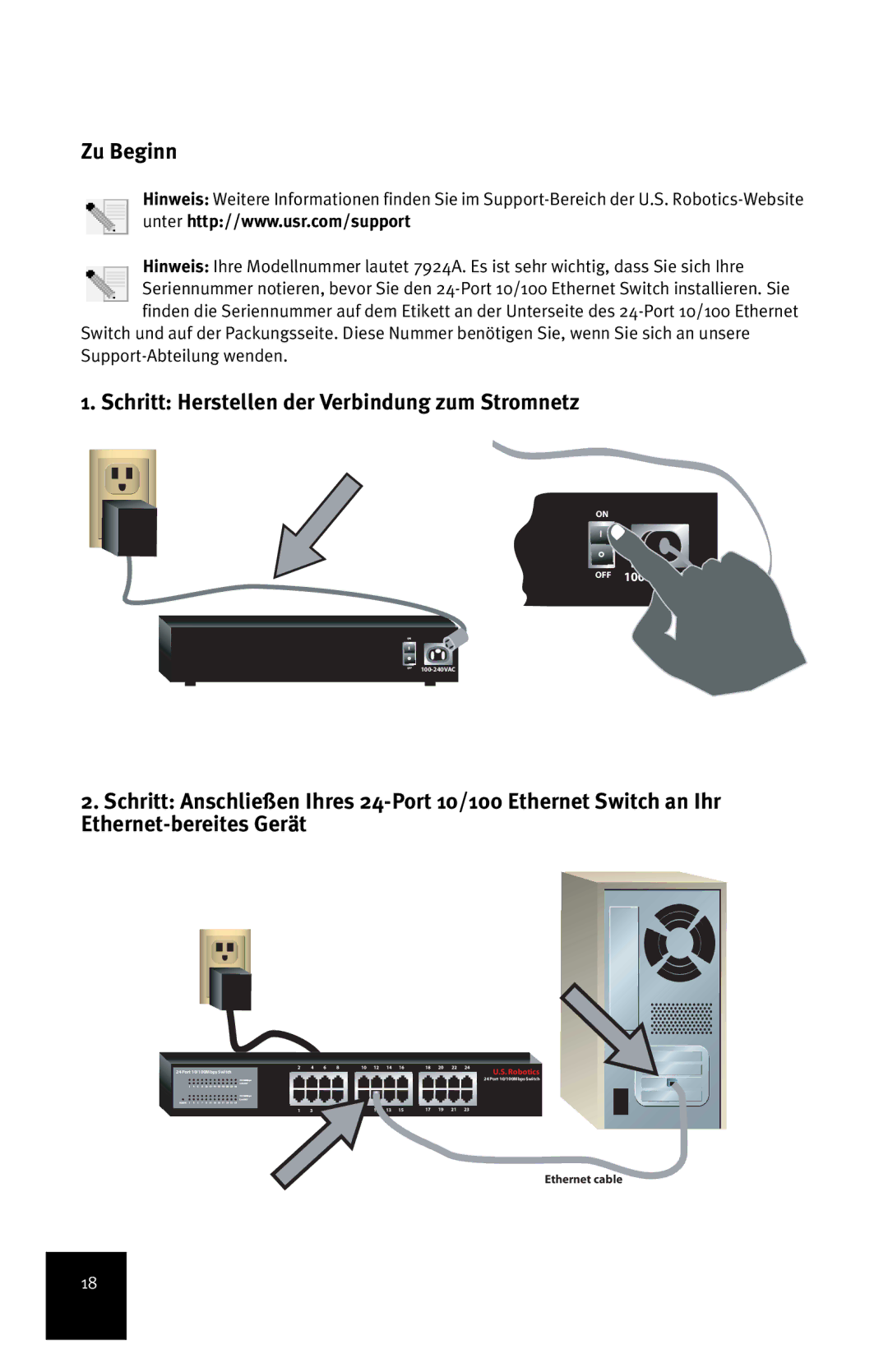 USRobotics 24-Port 10/100 manual Zu Beginn, Schritt Herstellen der Verbindung zum Stromnetz 