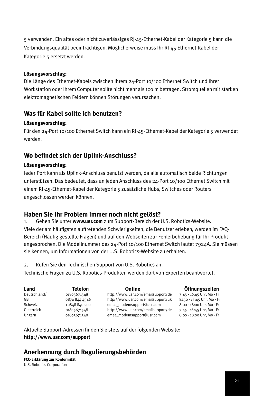 USRobotics 24-Port 10/100 Was für Kabel sollte ich benutzen?, Wo befindet sich der Uplink-Anschluss?, Land Telefon Online 