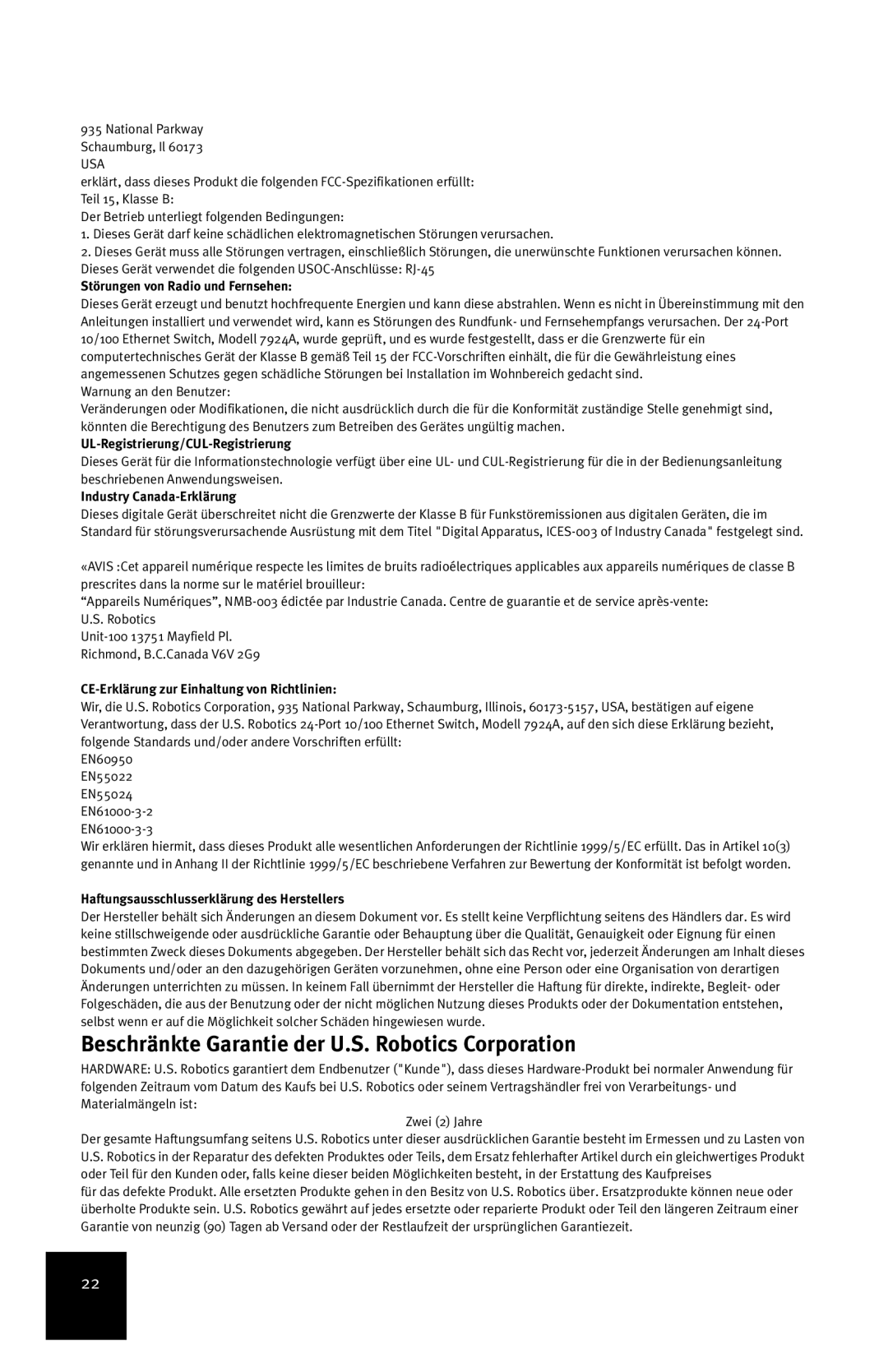 USRobotics 24-Port 10/100 manual Beschränkte Garantie der U.S. Robotics Corporation 