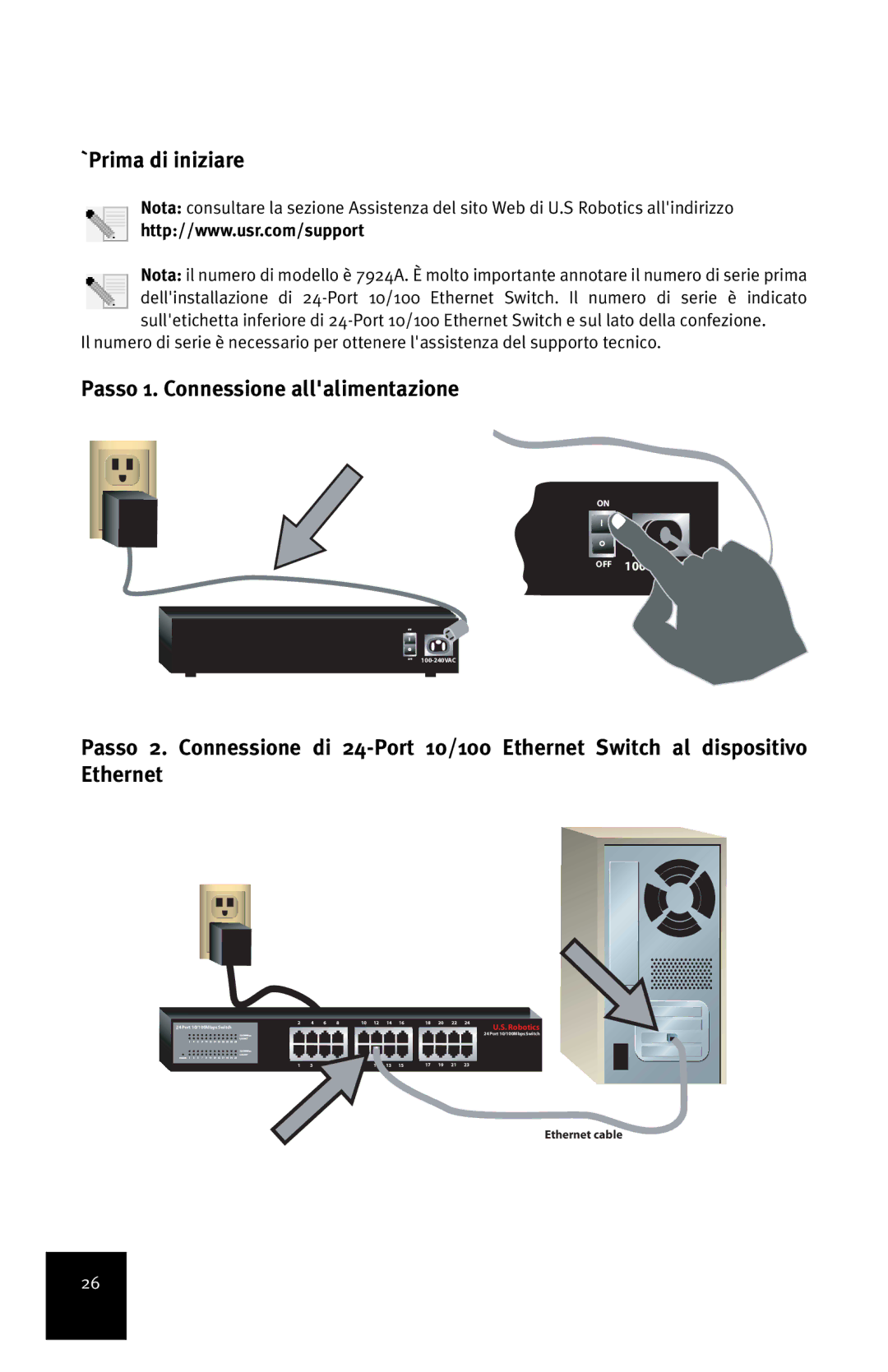 USRobotics 24-Port 10/100 manual `Prima di iniziare, Passo 1. Connessione allalimentazione 