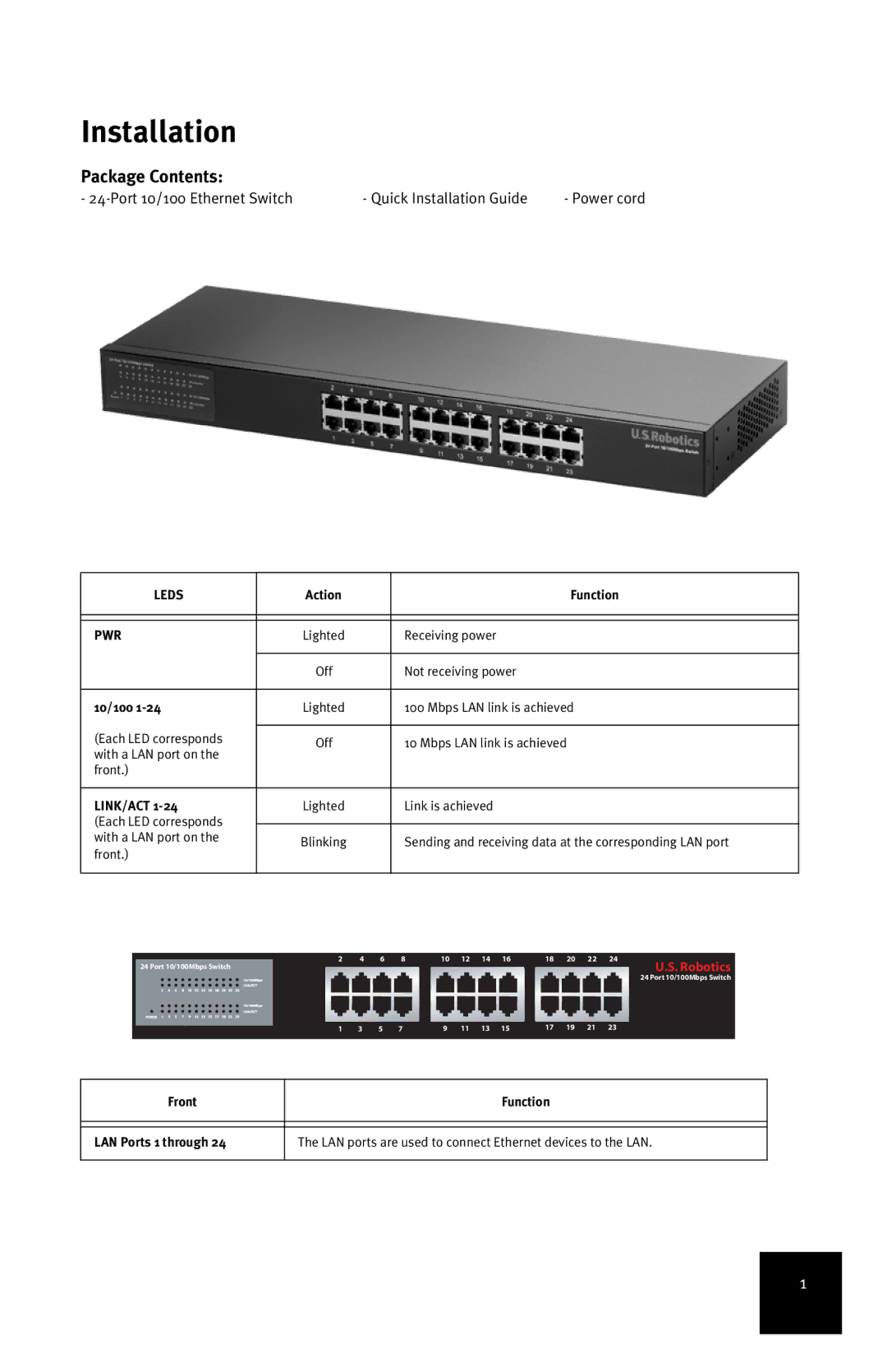 USRobotics 24-Port 10/100 manual Installation, Package Contents 