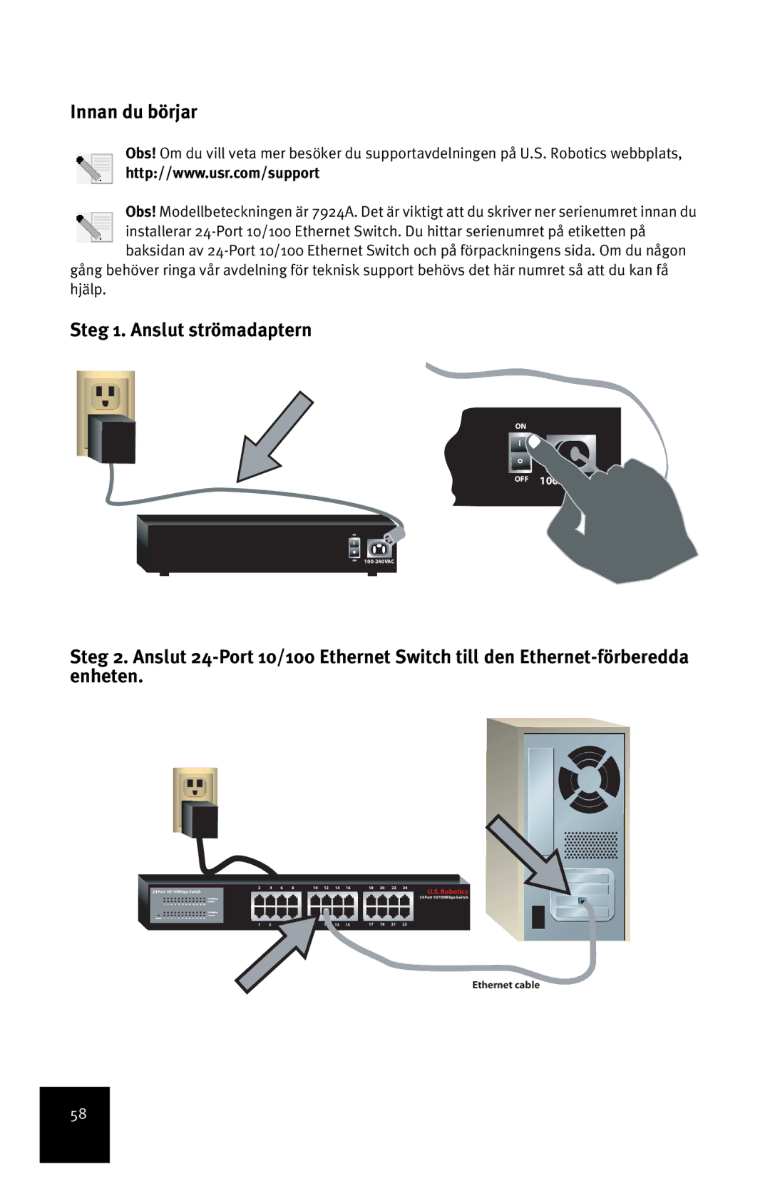 USRobotics 24-Port 10/100 manual Innan du börjar, Steg 1. Anslut strömadaptern 