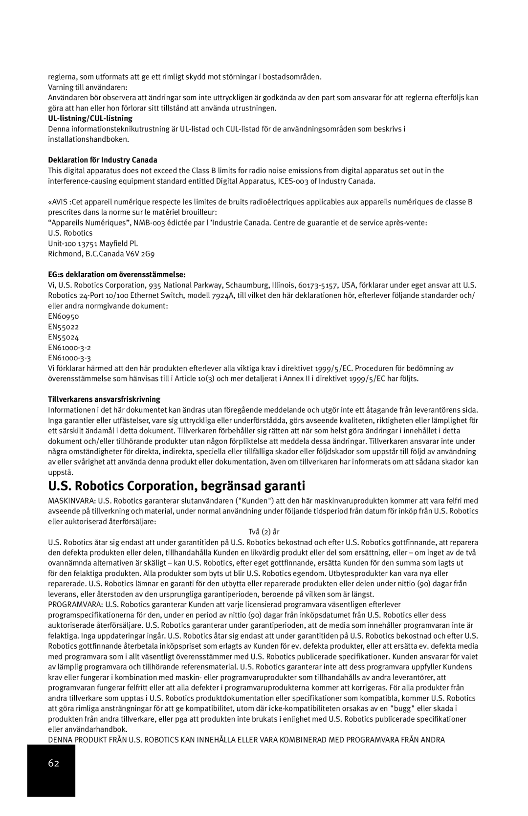 USRobotics 24-Port 10/100 manual Robotics Corporation, begränsad garanti, UL-listning/CUL-listning 